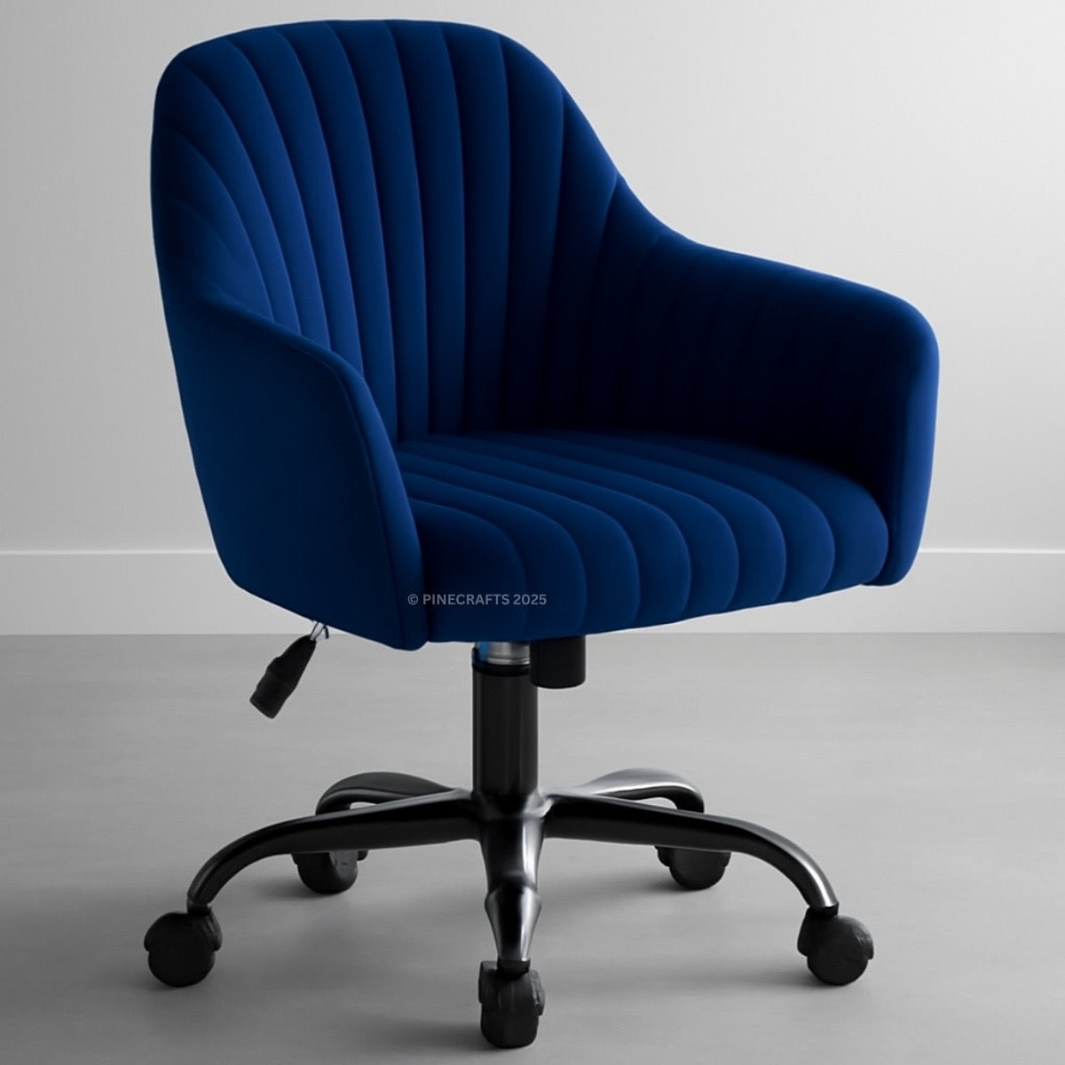 Blue office chair with a ribbed texture on a gray background