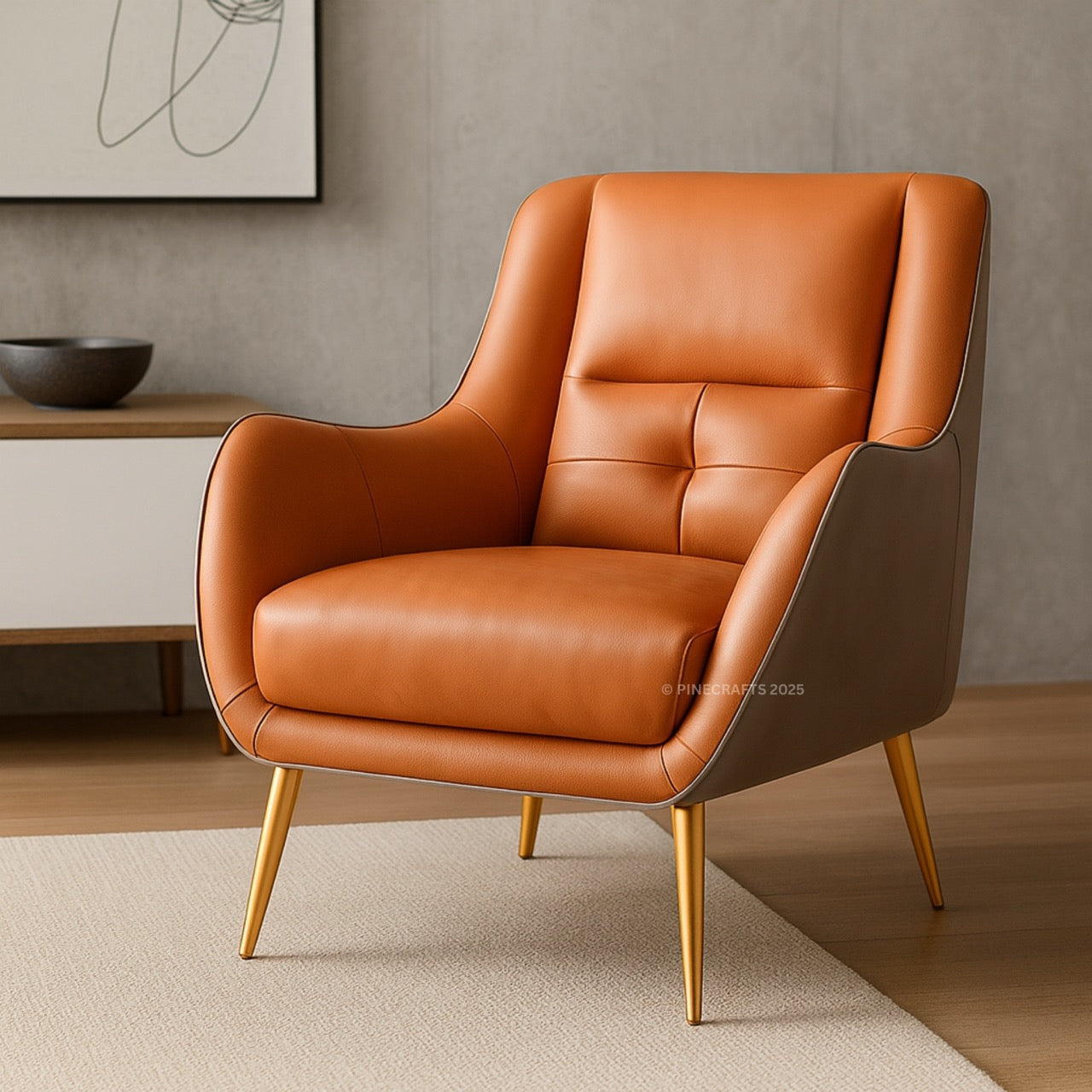 Brown leather armchair with gold legs in a modern interior setting