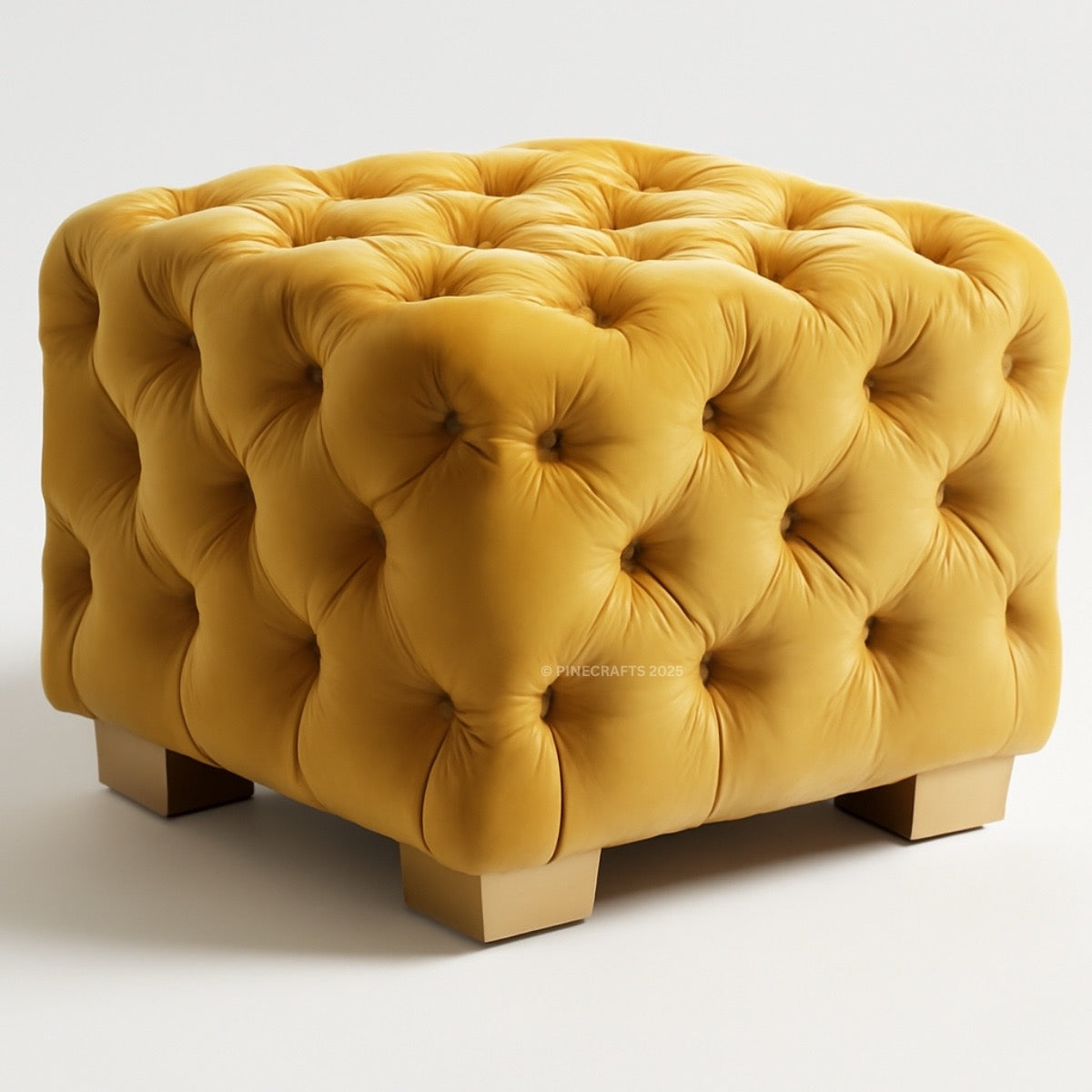 Yellow tufted ottoman on a white background
