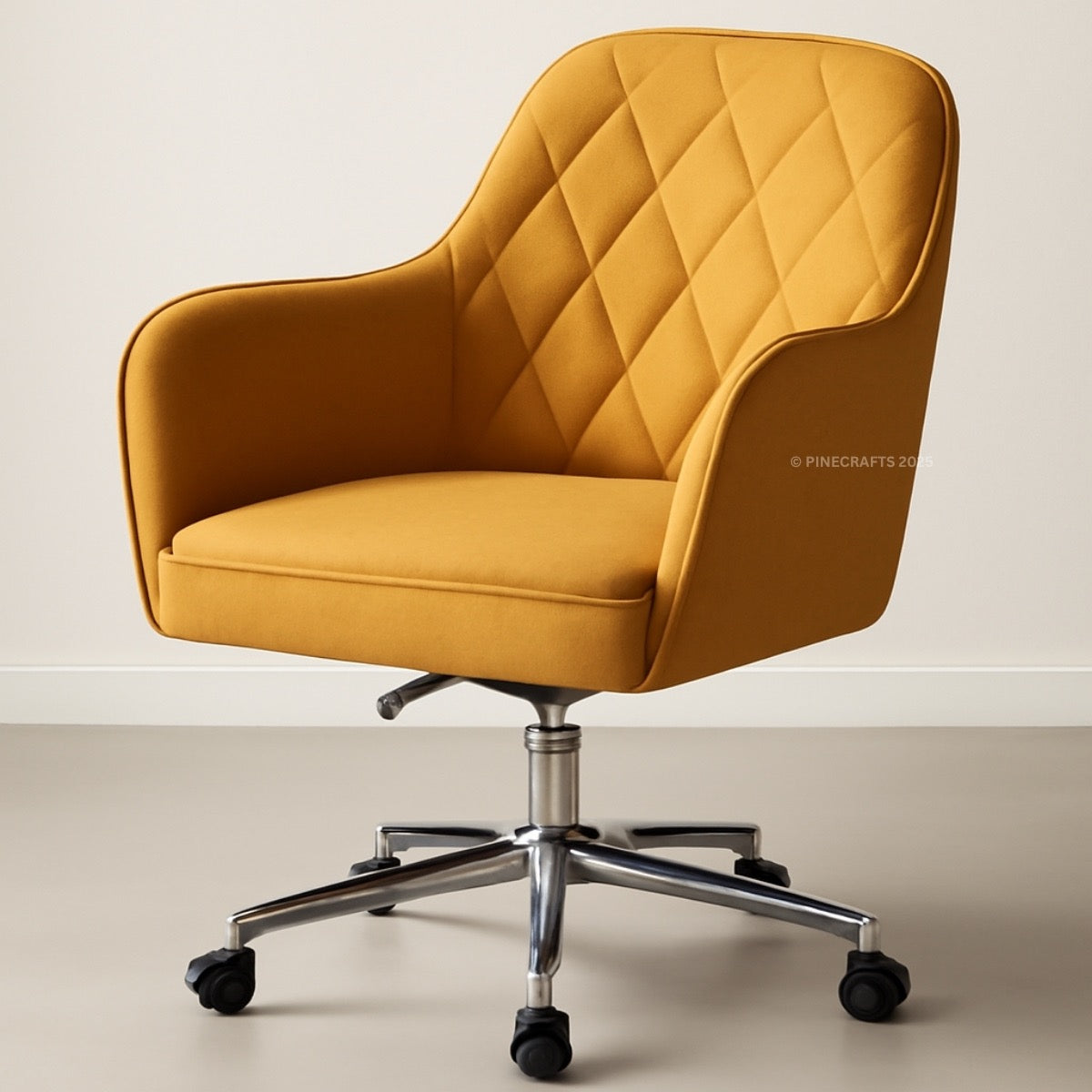 Yellow office chair with quilted design on a beige background