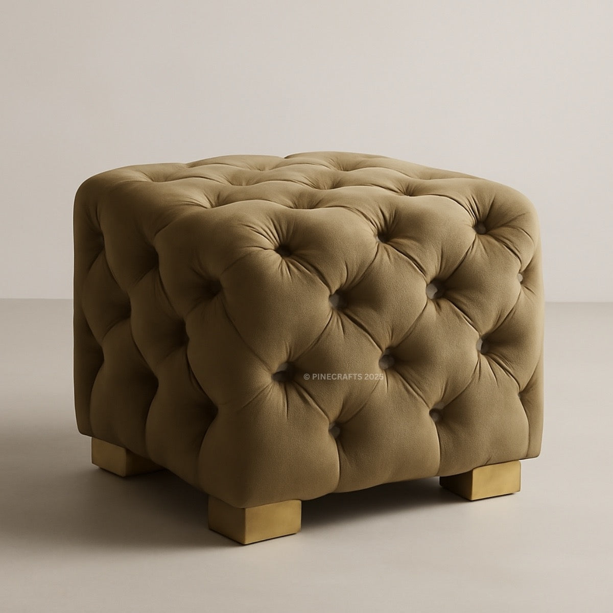 Brown tufted ottoman on a plain background
