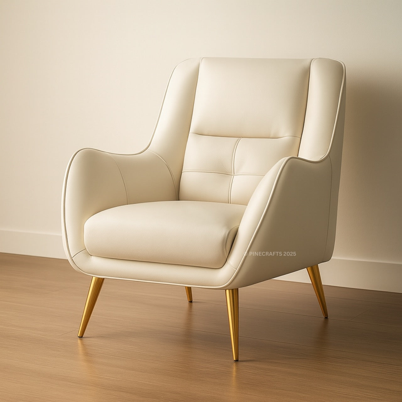Beige armchair with gold legs on a wooden floor against a beige wall