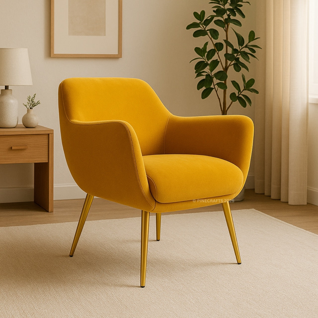 Yellow armchair in a room with a side table and plant
