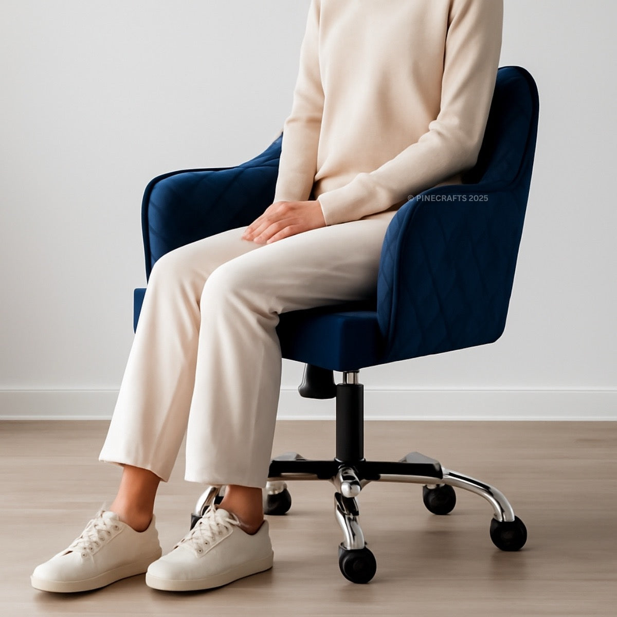 Person sitting on a blue office chair wearing a beige sweater and white pants.