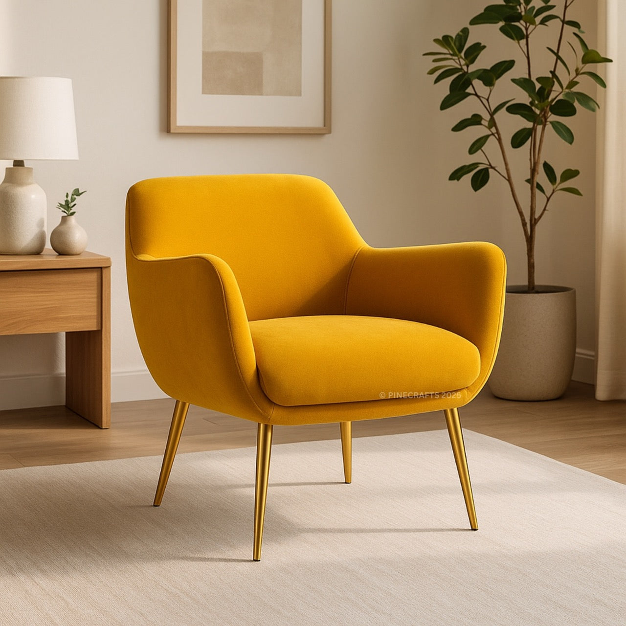 Yellow armchair in a living room setting with a lamp, plant, and side table.