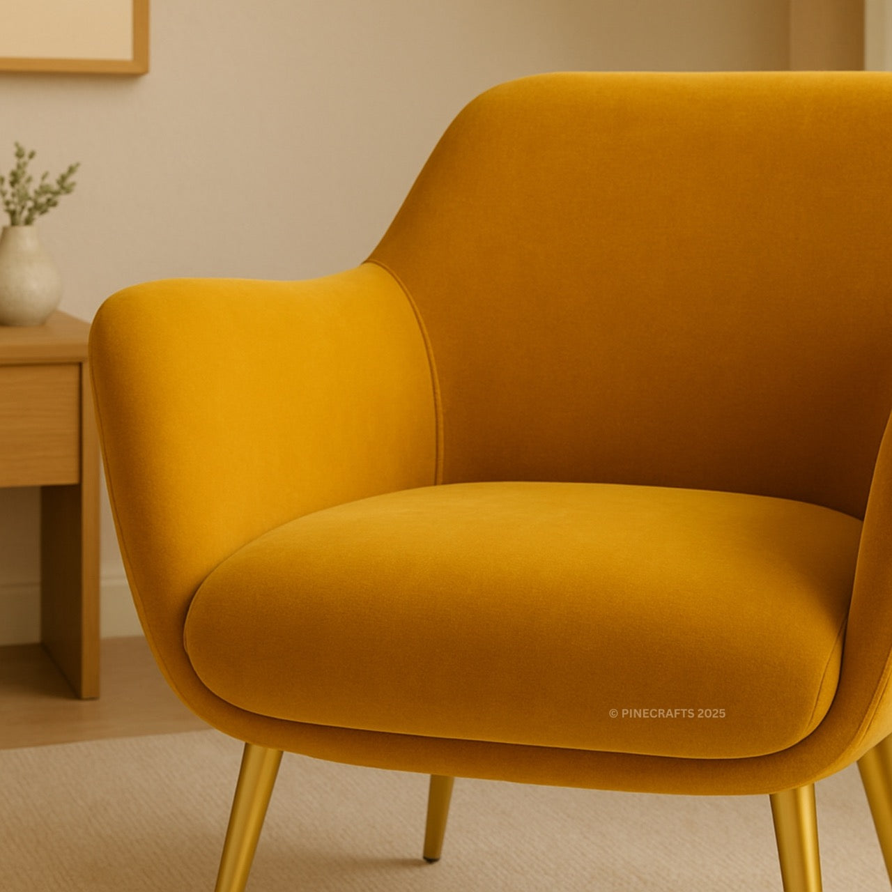 Yellow armchair in a room with a neutral color scheme