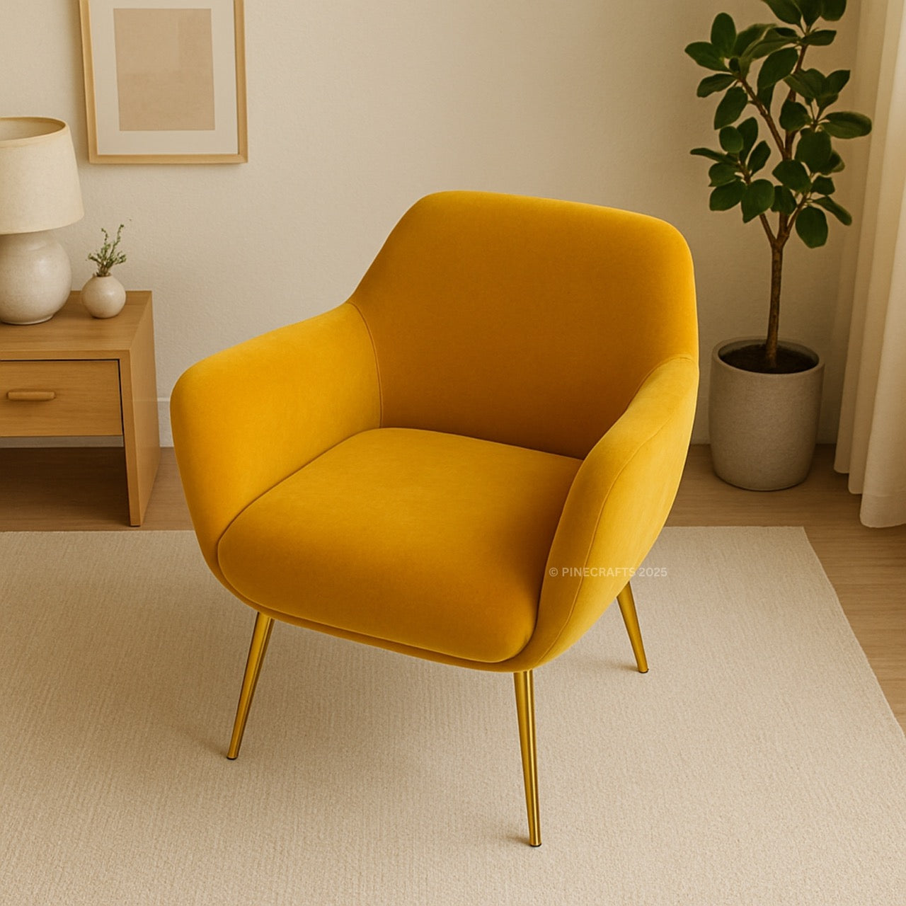Yellow armchair in a room with a side table, lamp, and plant.