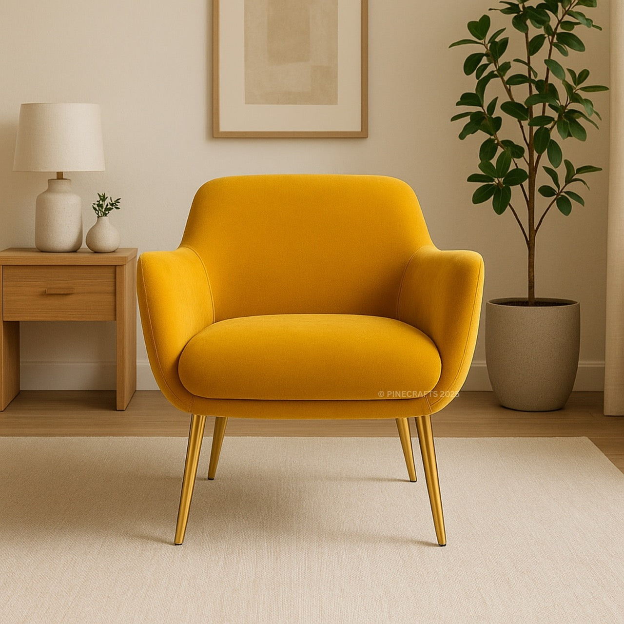 Yellow armchair in a room with a side table, lamp, and plant.