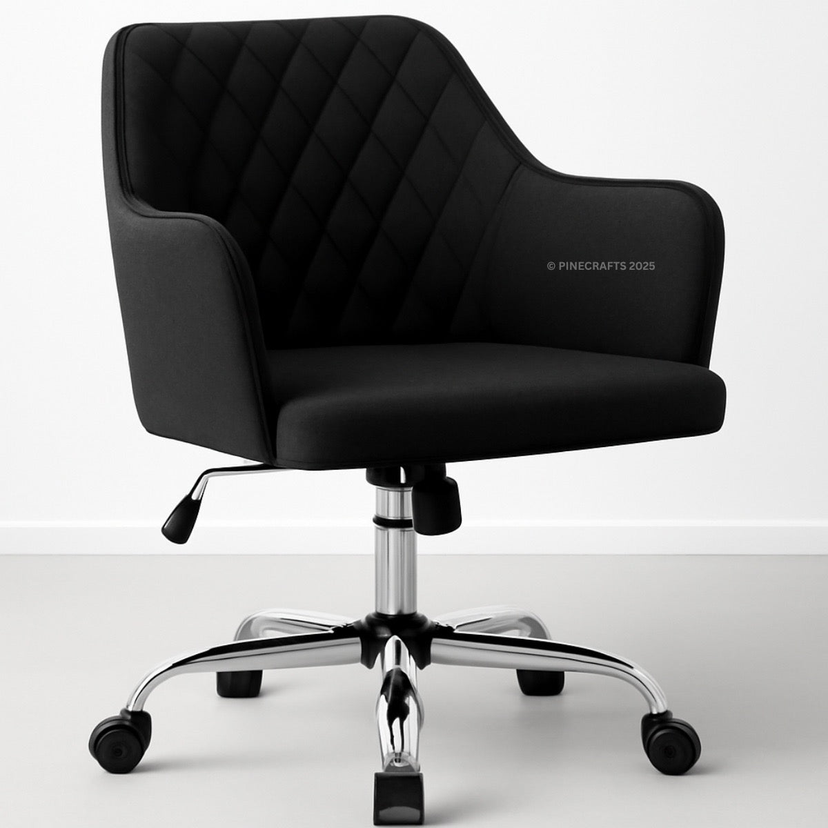 Black office chair with quilted design on a white background, branded 'Pinecrafts'.