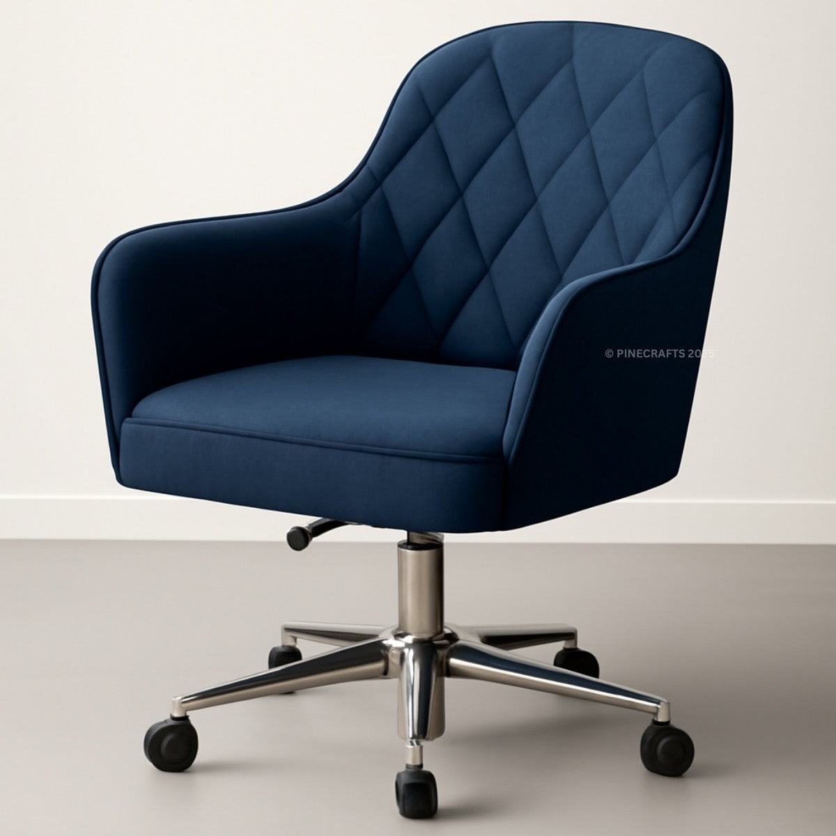 Blue office chair with quilted design on a white background