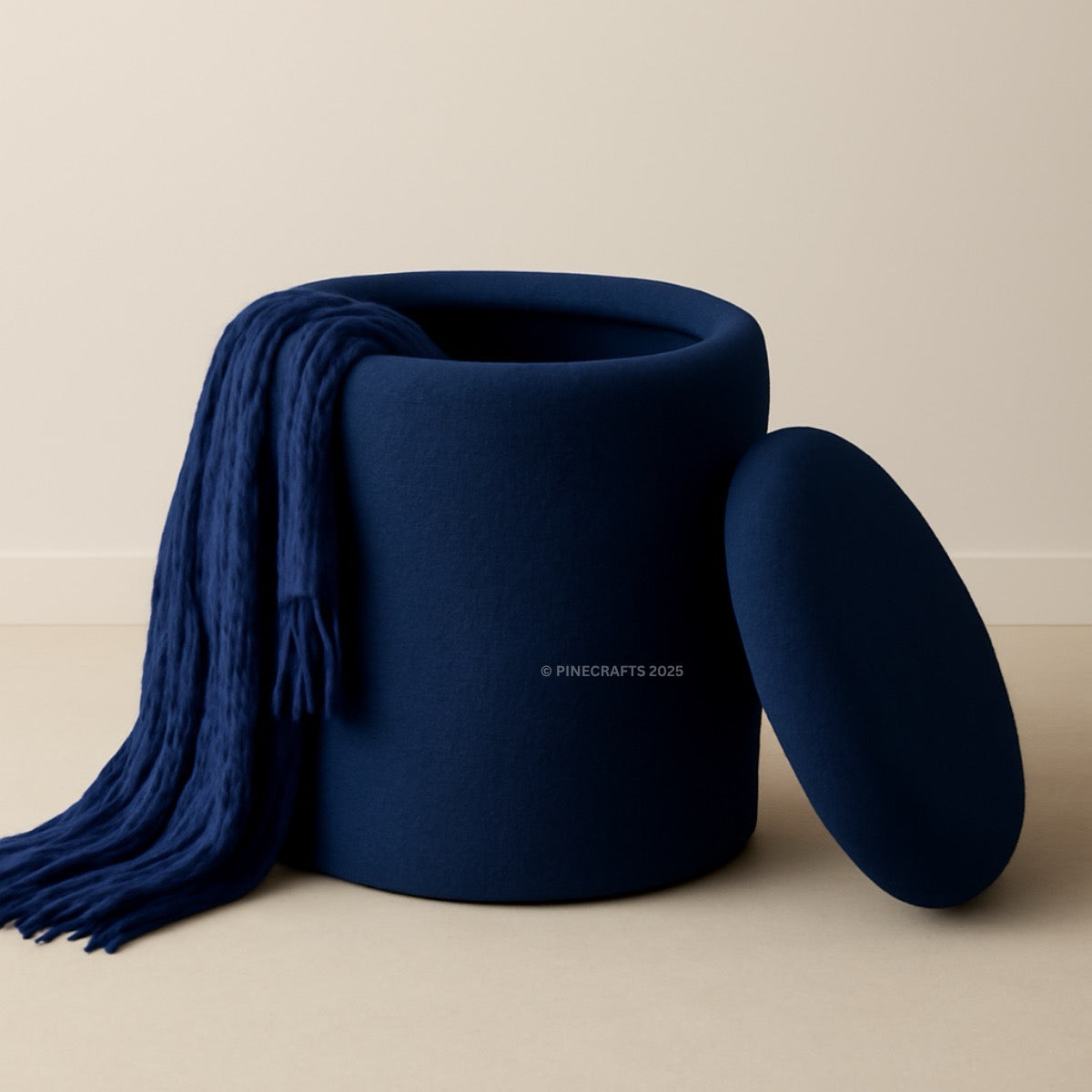 Blue woven basket with a matching blue scarf on a beige background