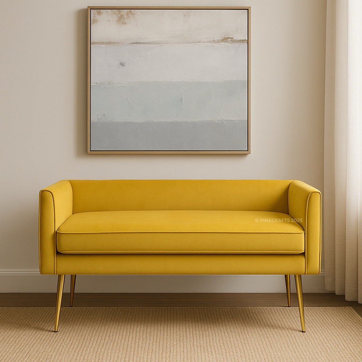 Yellow sofa in a room with a neutral wall and abstract painting