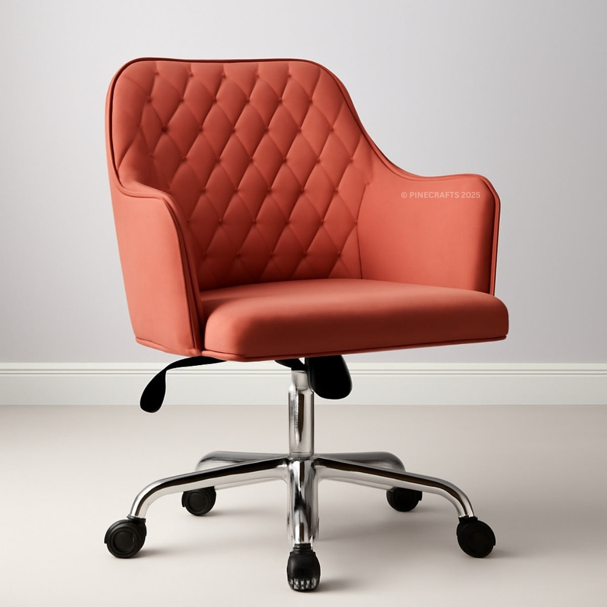 Red office chair with quilted design on a light background