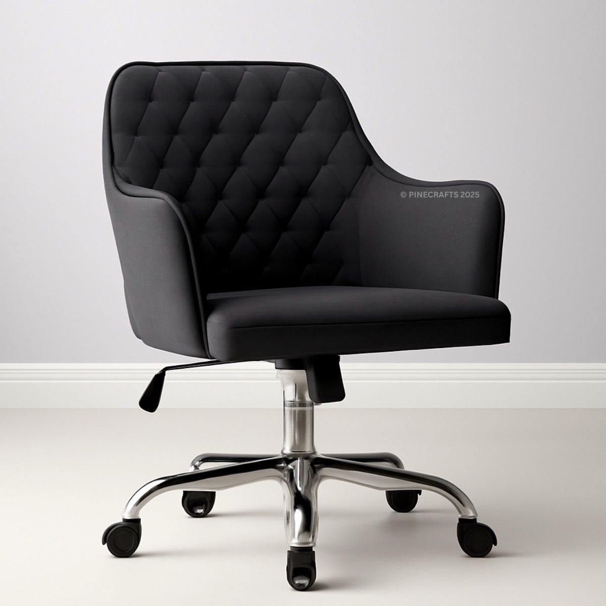 Black office chair with quilted design on a white background