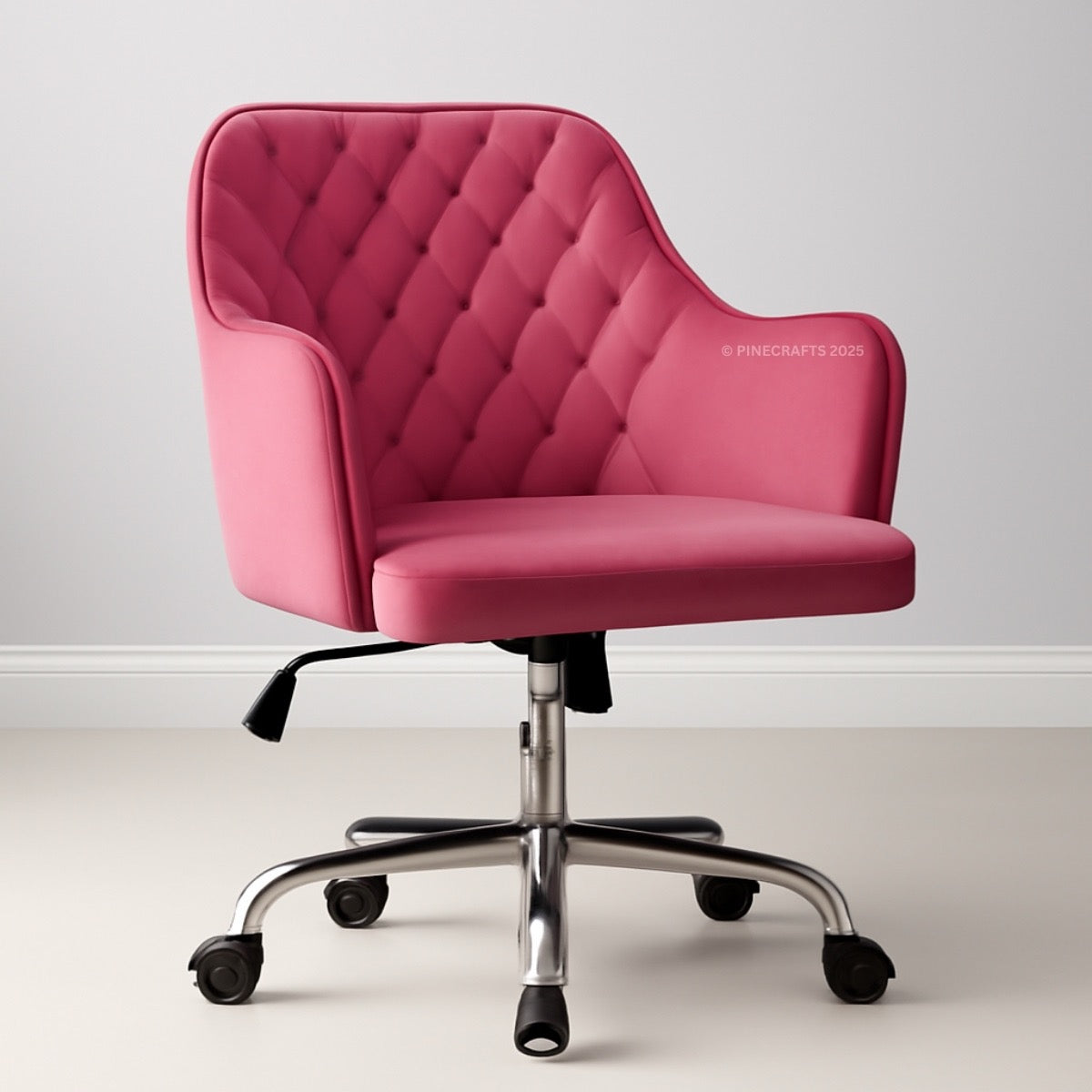 Pink office chair with quilted design on a white background