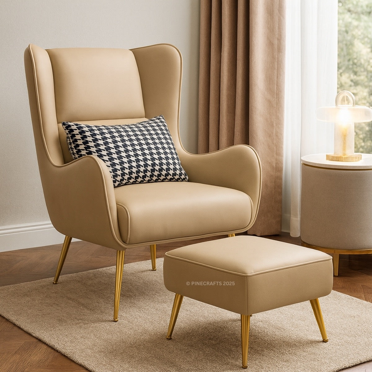 Beige armchair with a houndstooth cushion and matching ottoman in a room with curtains and a side table.