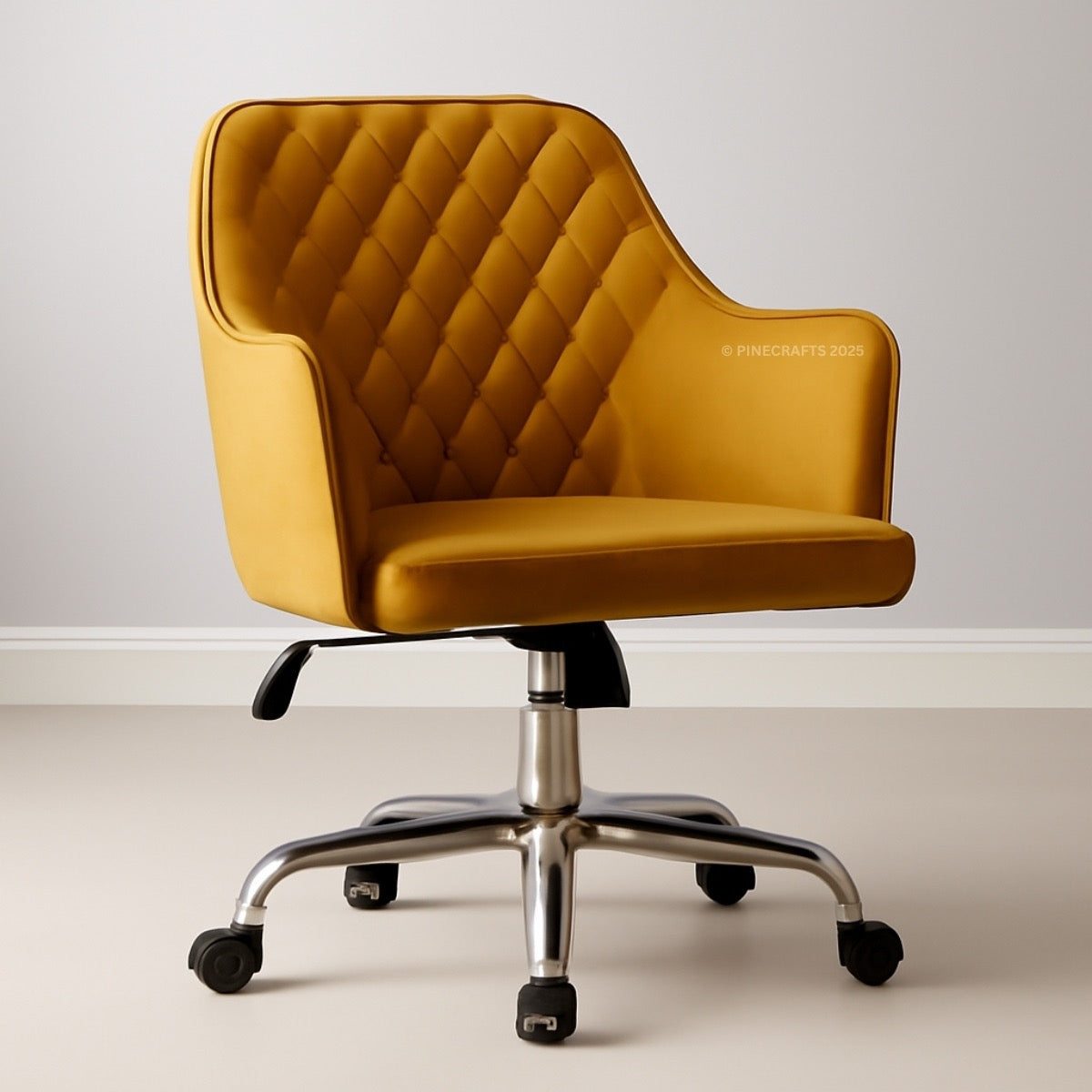 Yellow office chair with quilted design on a plain background