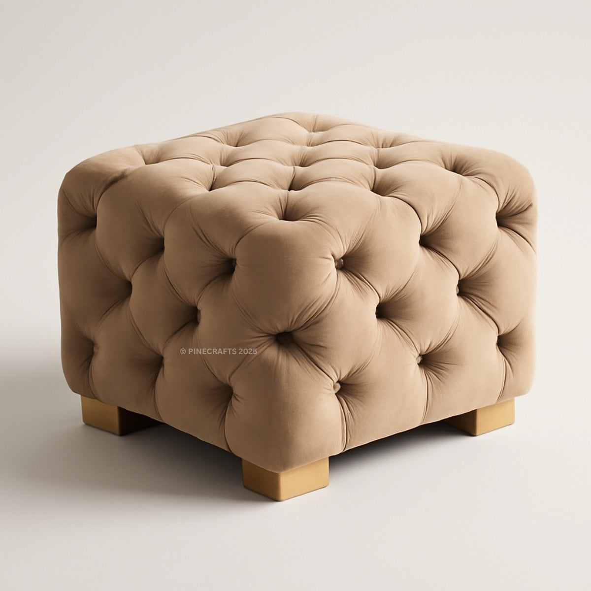 Beige tufted ottoman on a light gray background