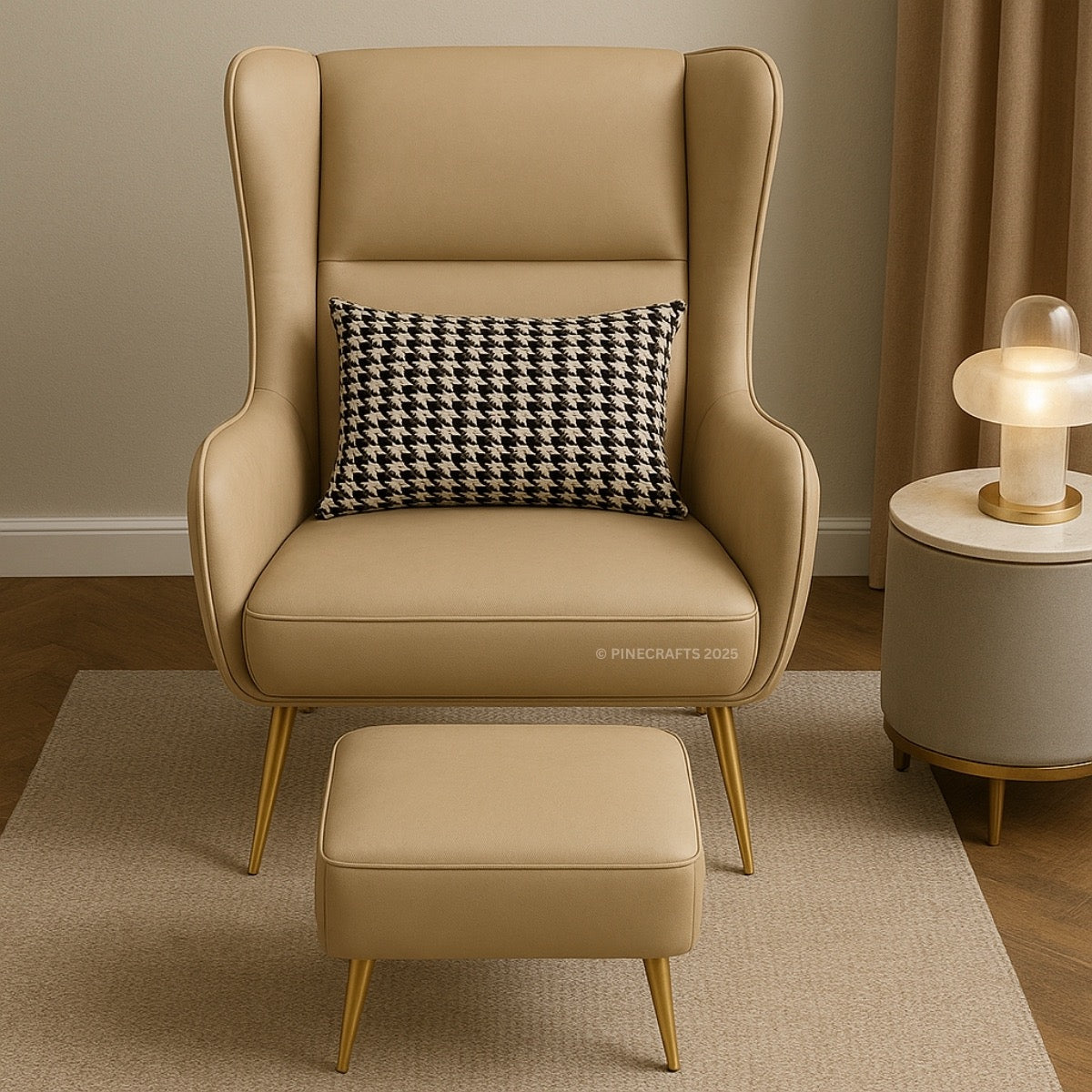Beige armchair with a patterned pillow and matching ottoman in a room setting.