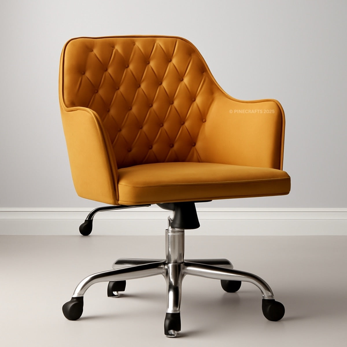 Yellow office chair with quilted design on a plain background