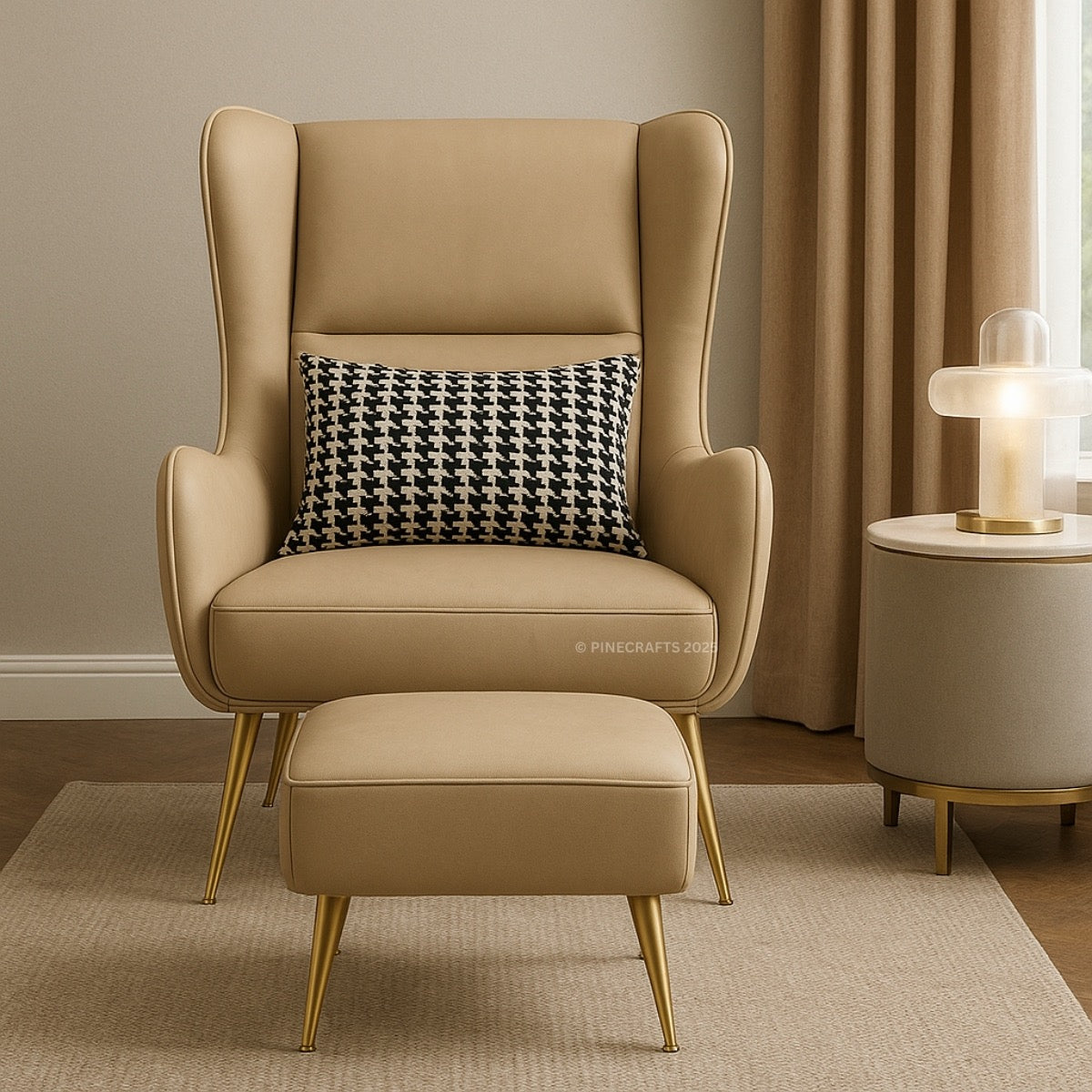 Beige armchair with a patterned pillow and matching ottoman in a room setting.