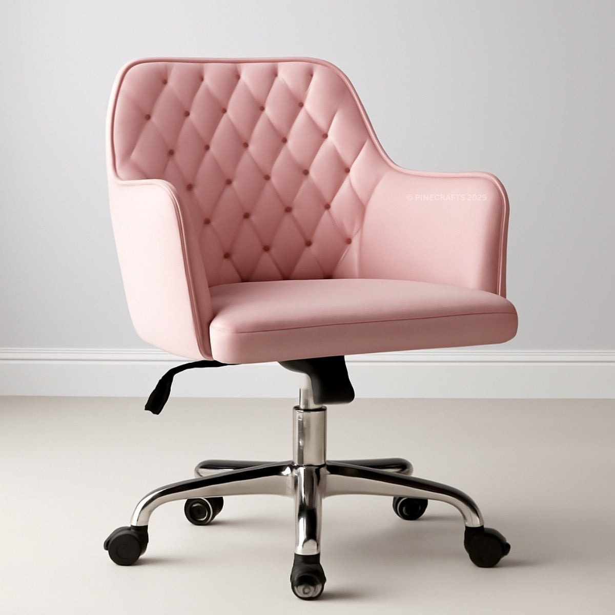 Pink office chair with quilted design on a white background
