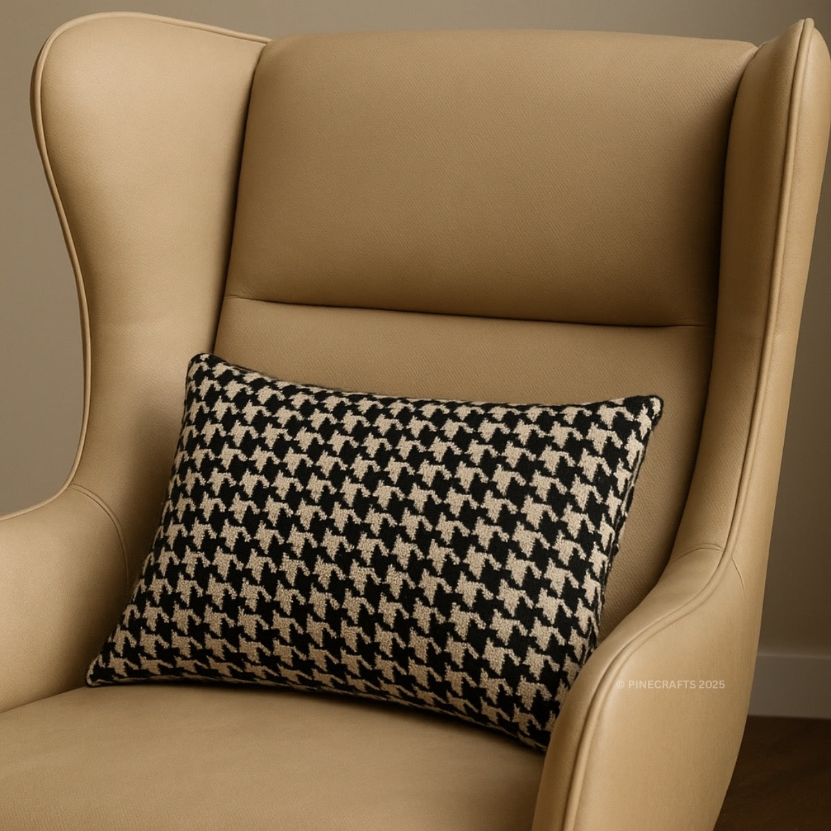 Beige armchair with a houndstooth pattern pillow on a neutral background