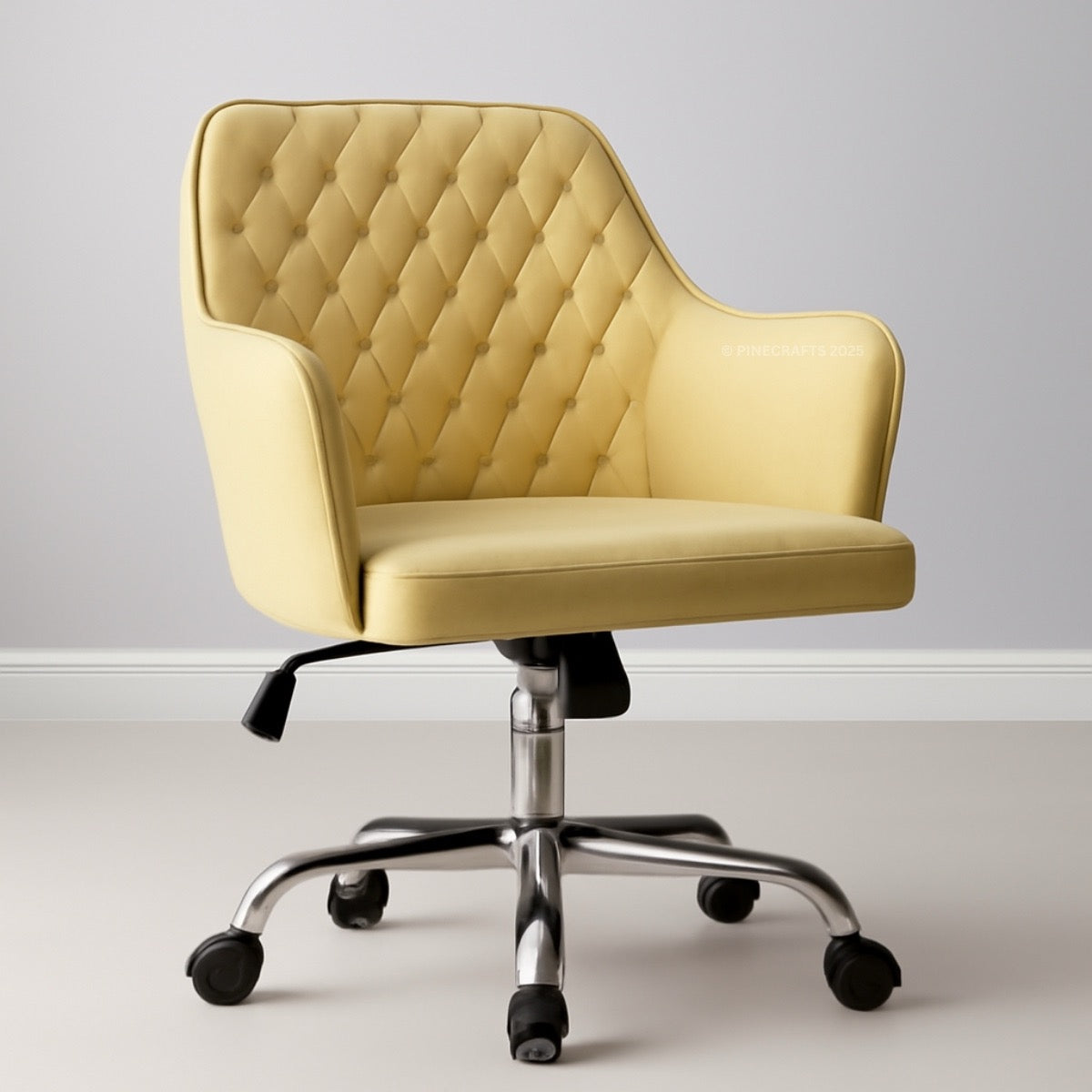Yellow office chair with quilted design on a plain background