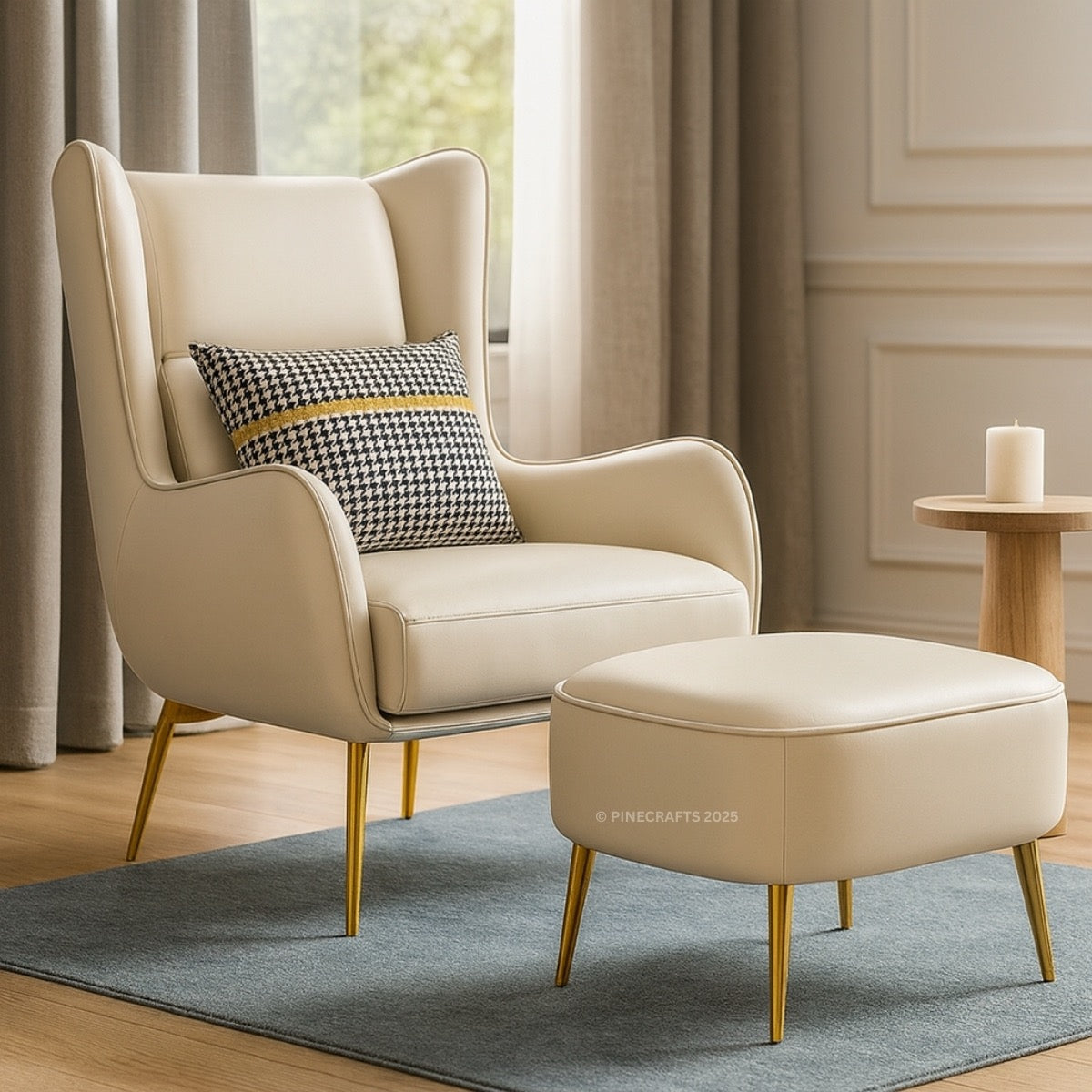 Beige armchair with ottoman and cushion on a rug in a room with curtains and a candle.