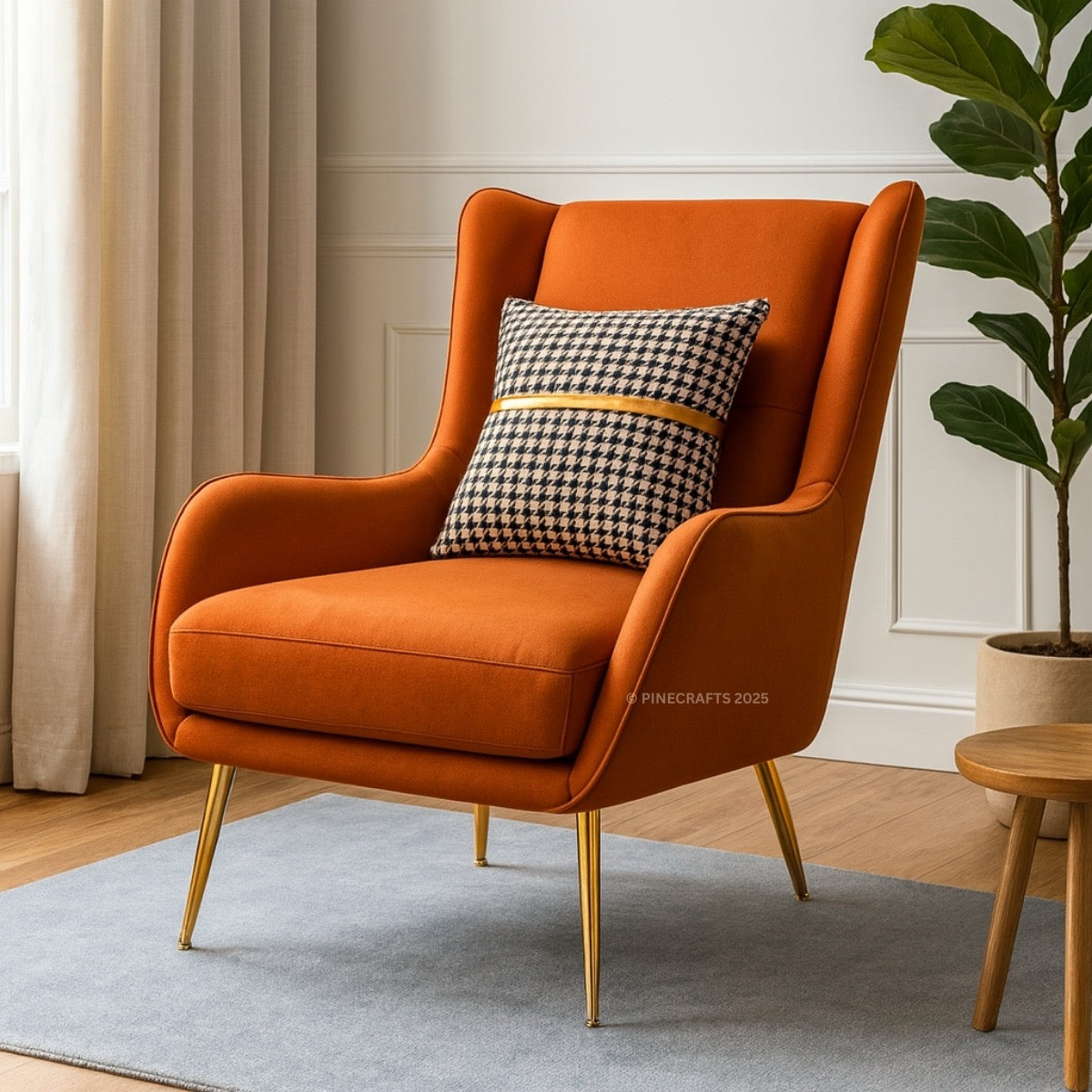 Orange armchair with patterned cushions in a room with curtains and a plant.