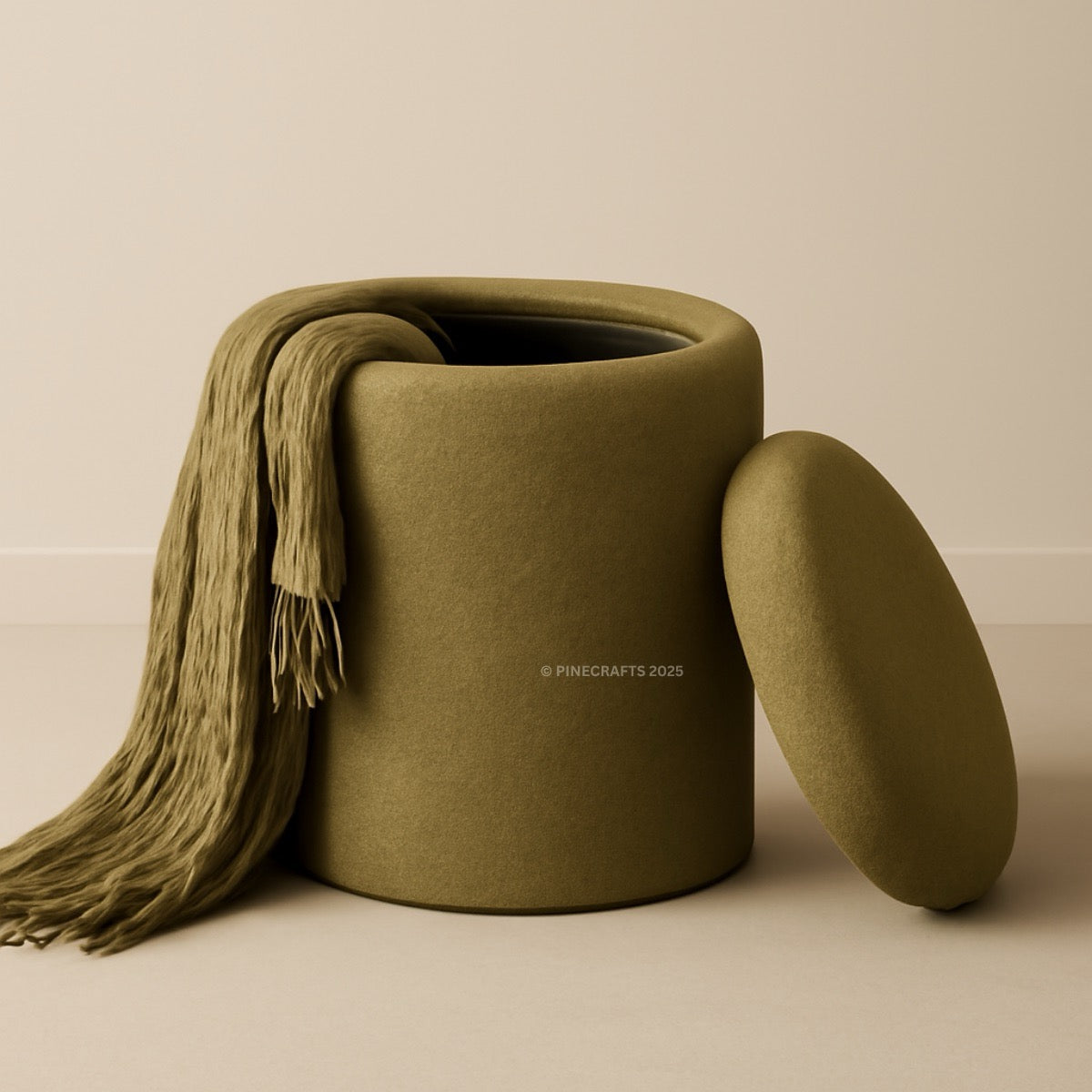 Brown ottoman with a matching blanket draped over it on a beige background