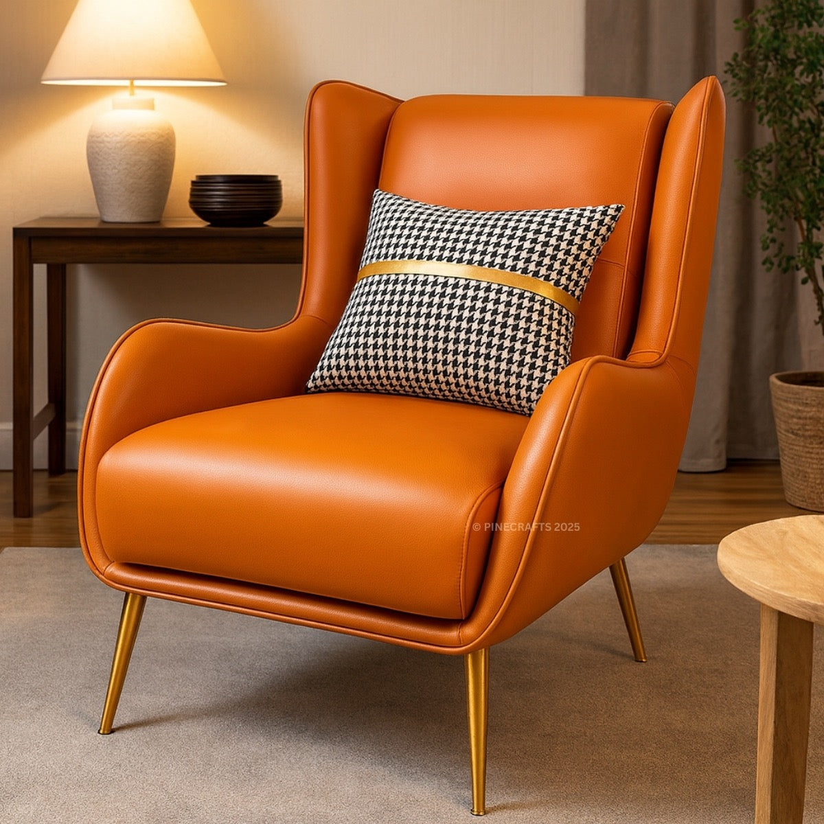 Orange armchair with a checkered pillow in a cozy room setting