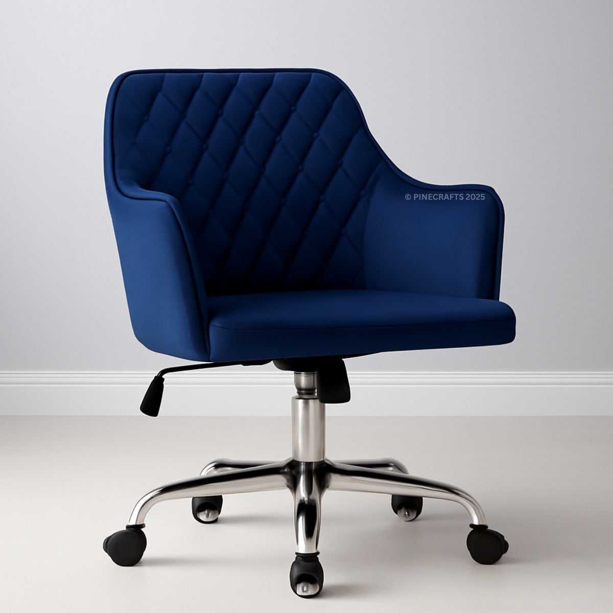 Blue office chair with quilted design on a white background