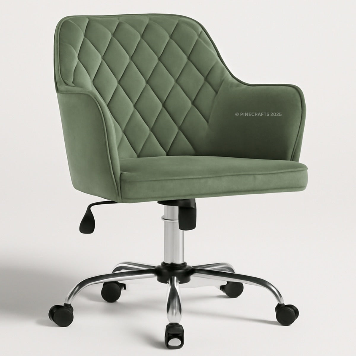 Green office chair with quilted design on a white background