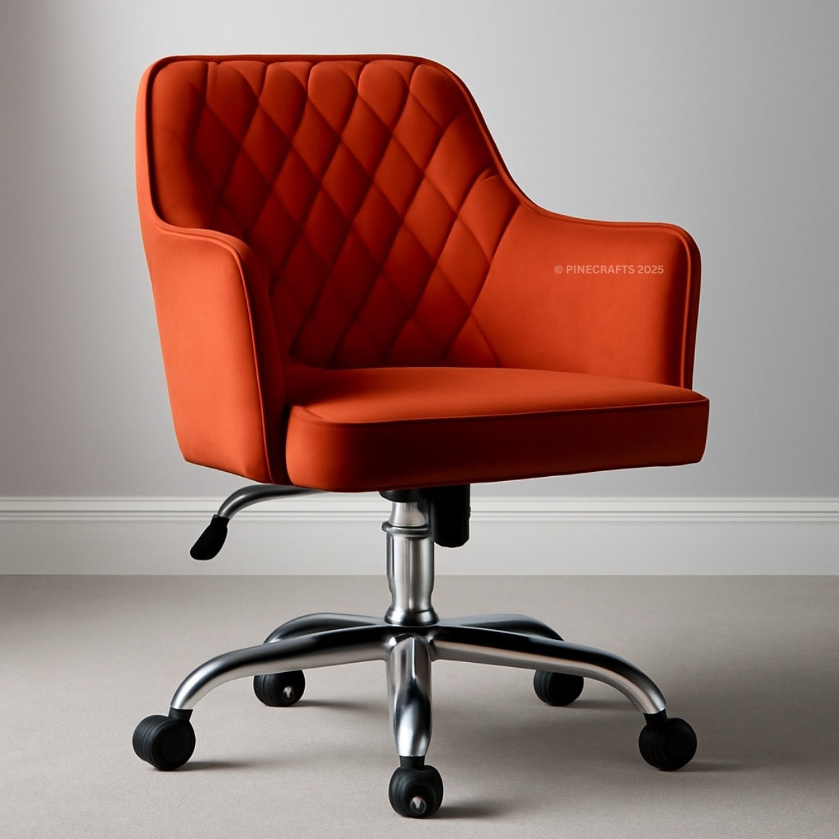 Orange office chair with quilted design on a gray background