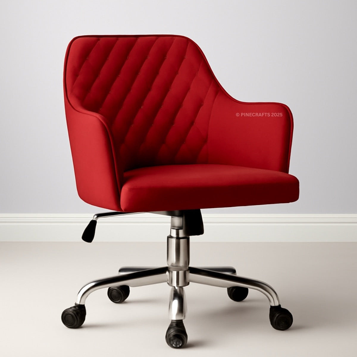 Red office chair with a quilted design on a white background