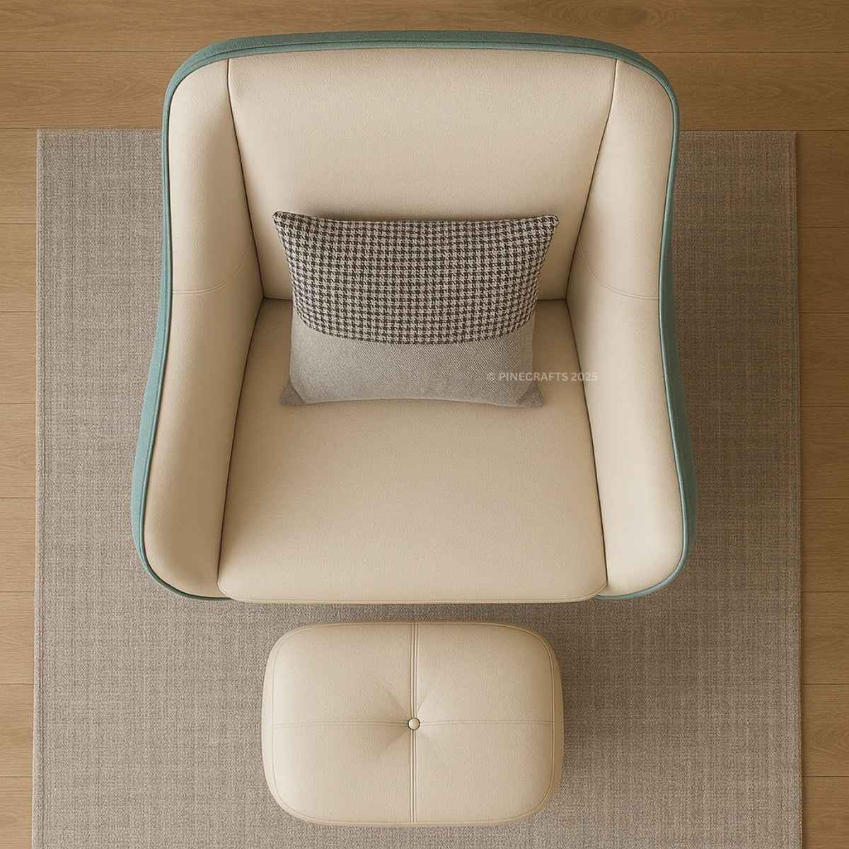 Beige armchair with a patterned cushion and matching ottoman on a textured rug.