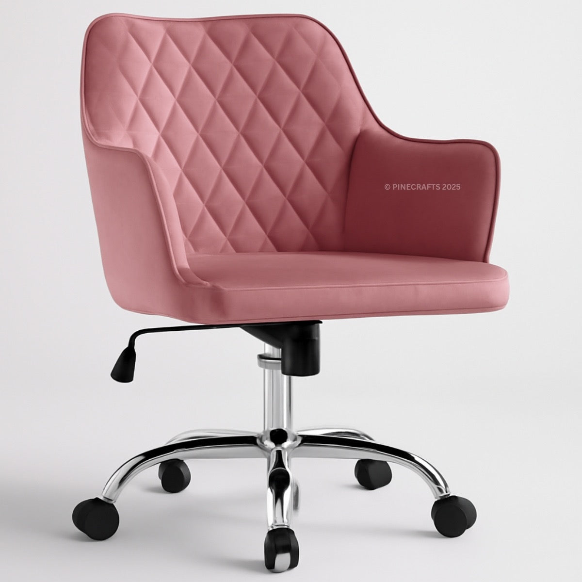 Pink office chair with quilted design on a white background