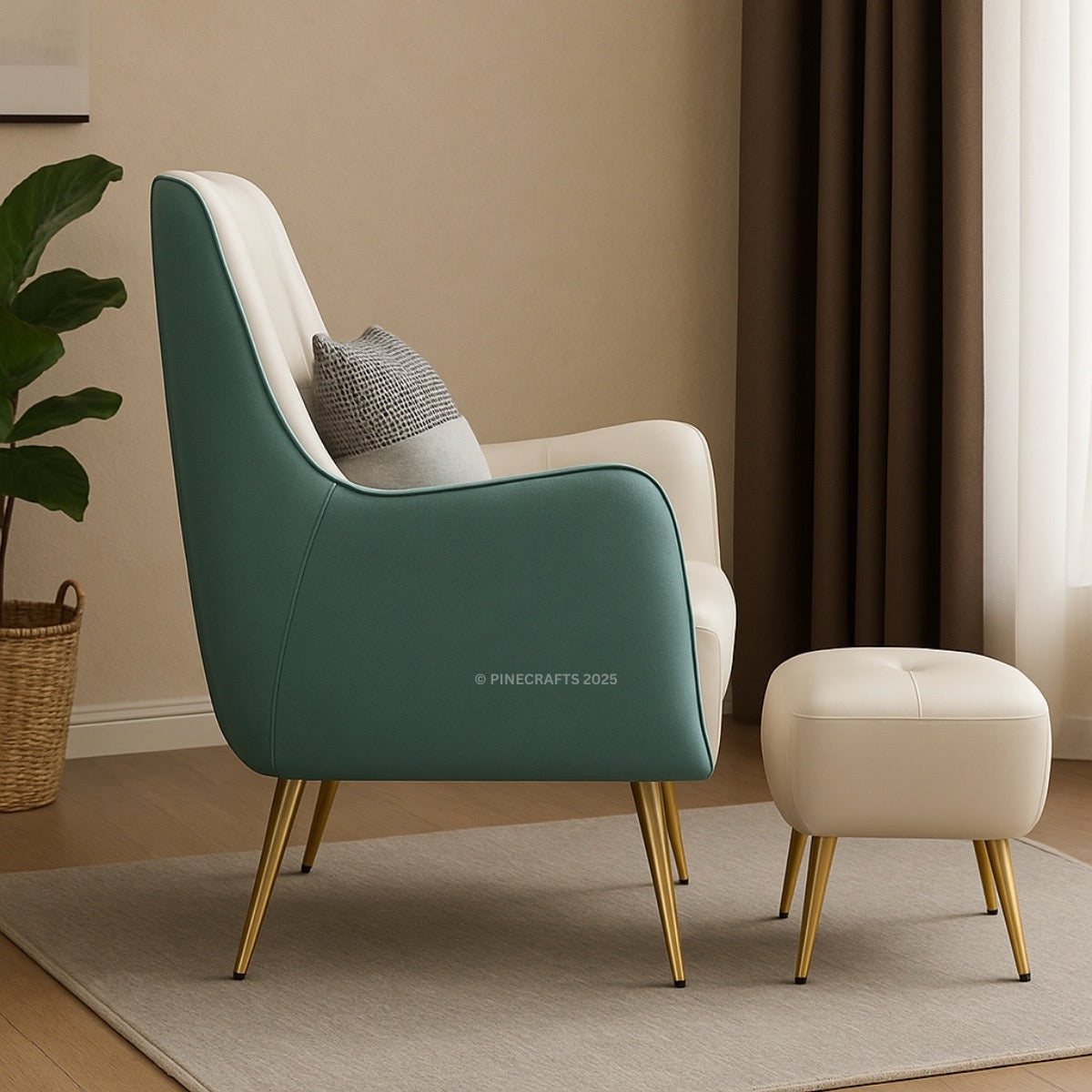 Modern armchair with a matching ottoman in a room with a plant and curtains.