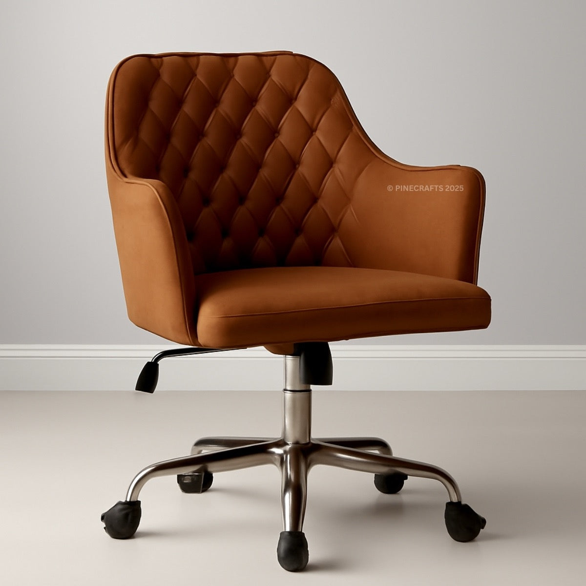Brown office chair with quilted design on a plain background