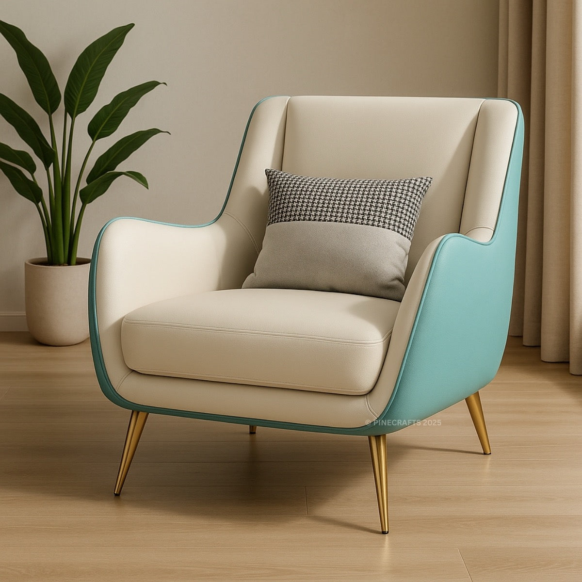 Modern armchair with a light beige seat and blue backrest, gold legs, and two cushions in a room with a plant and curtains.