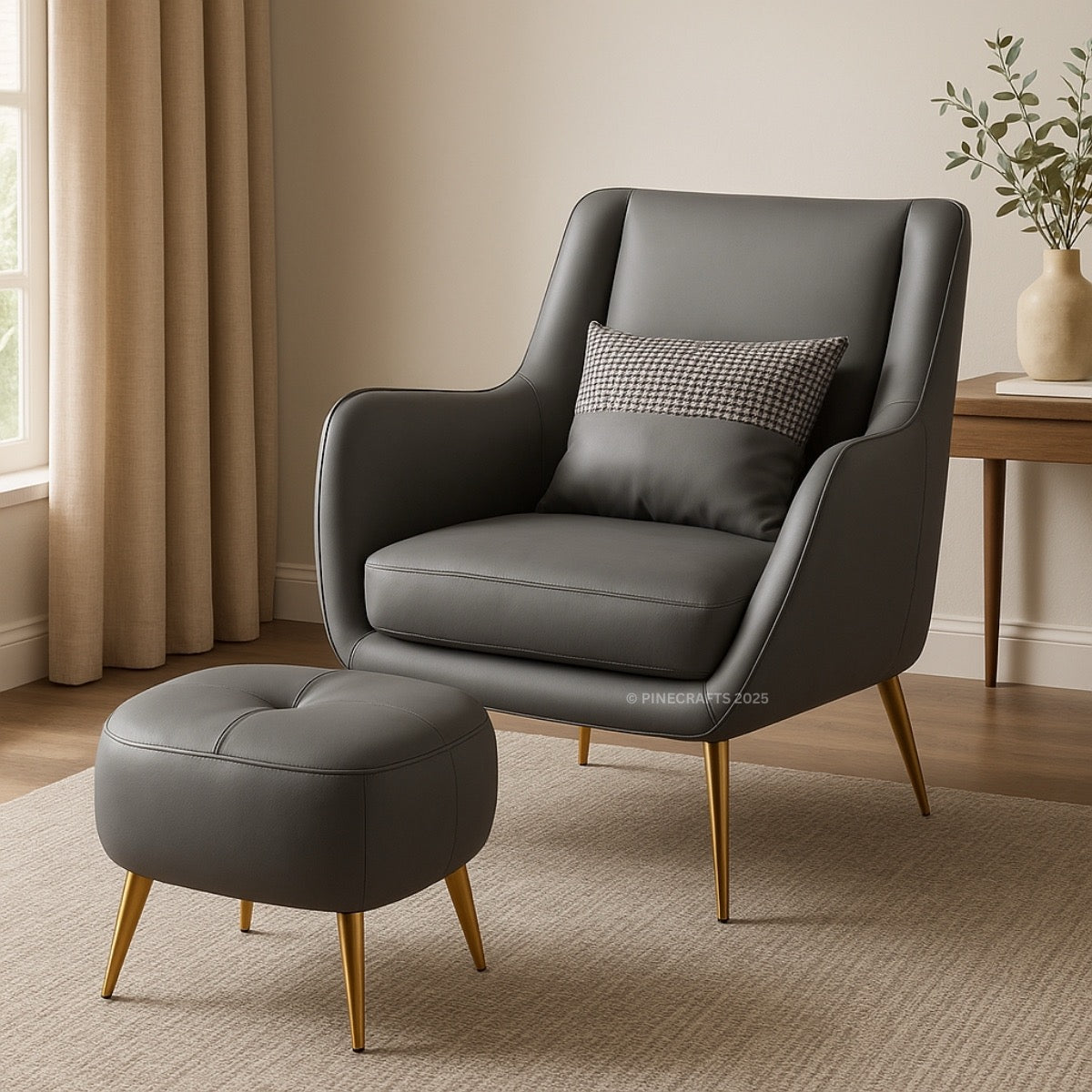 Gray armchair with matching ottoman in a room with beige curtains and a small table with a plant.