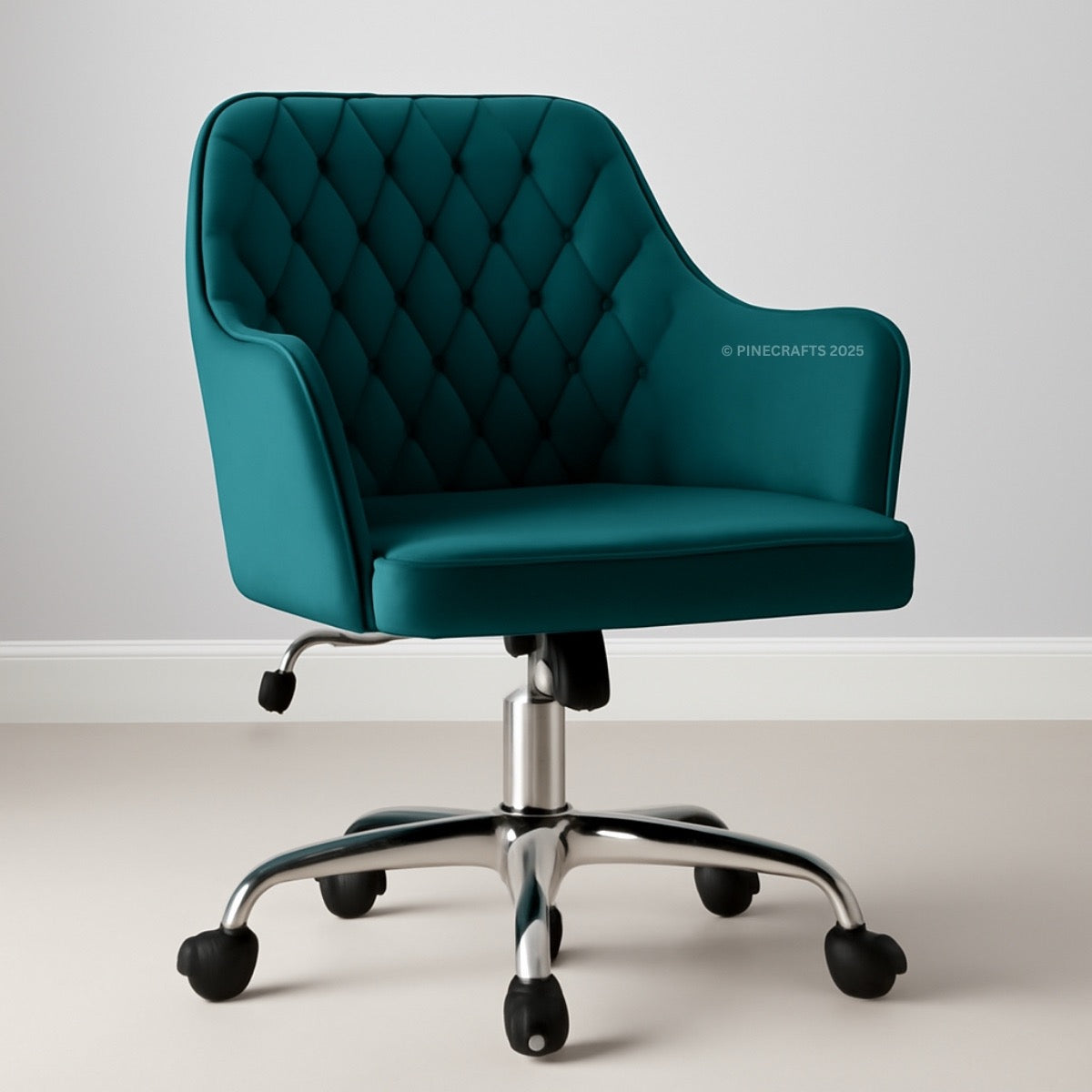 Teal office chair with quilted design on a white background