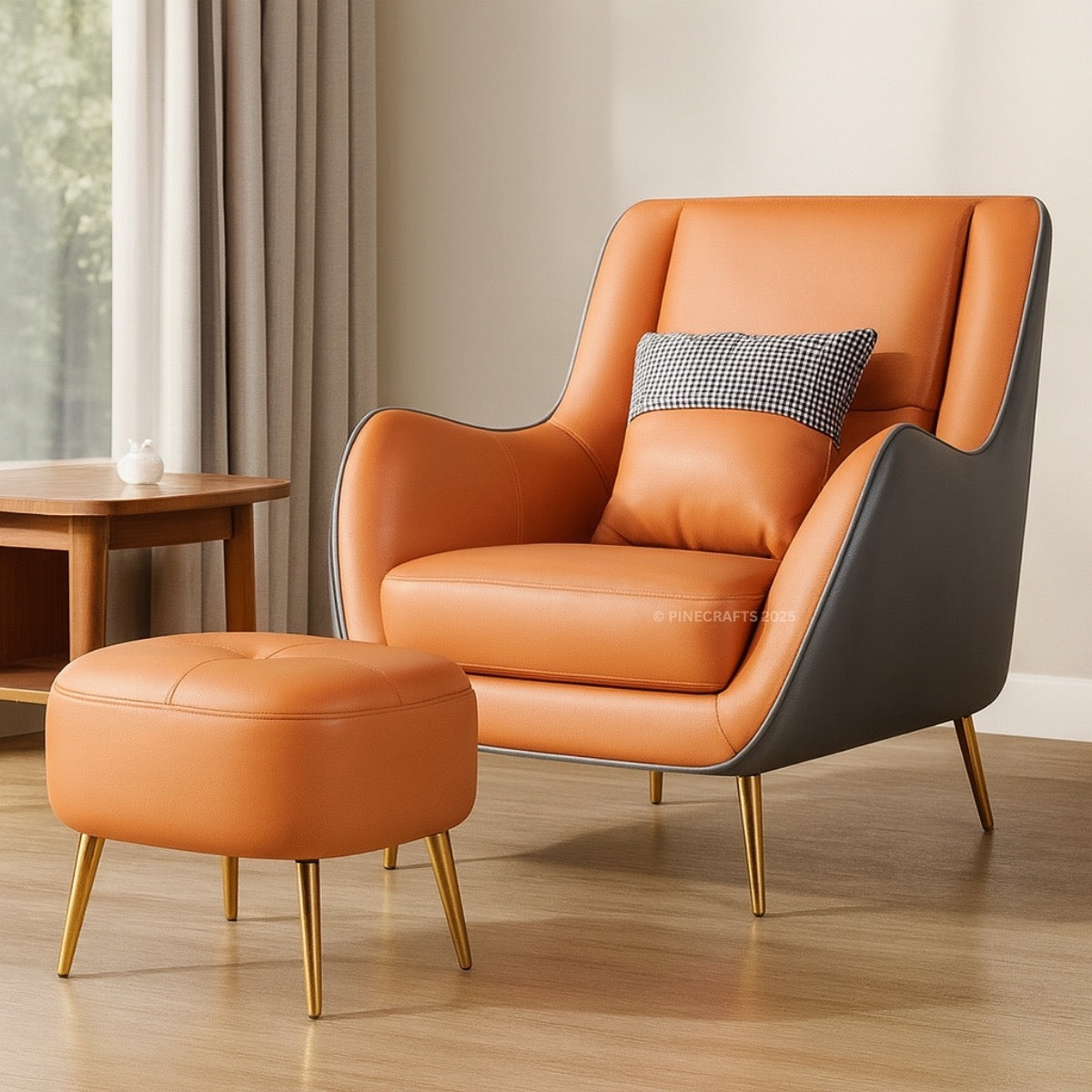 Orange armchair with a matching ottoman in a room with curtains and a table.