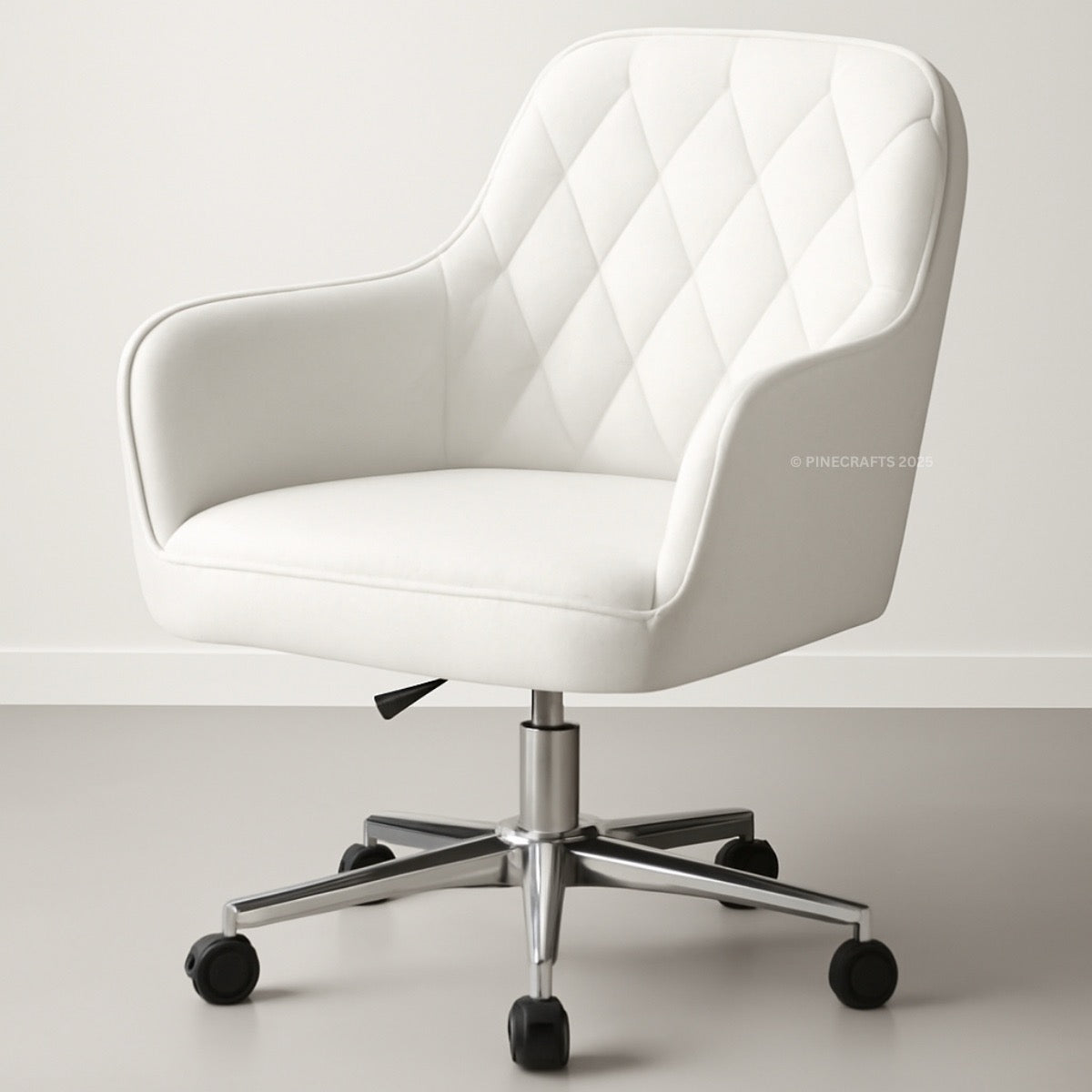 White office chair with quilted design on a light gray background