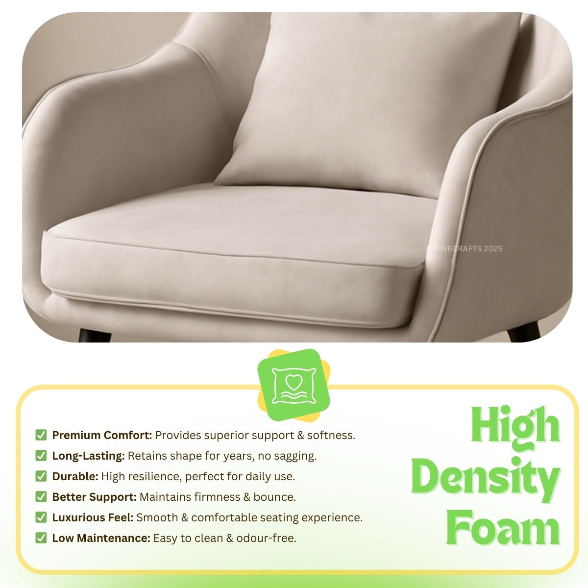 Beige armchair with high-density foam features and benefits displayed below.