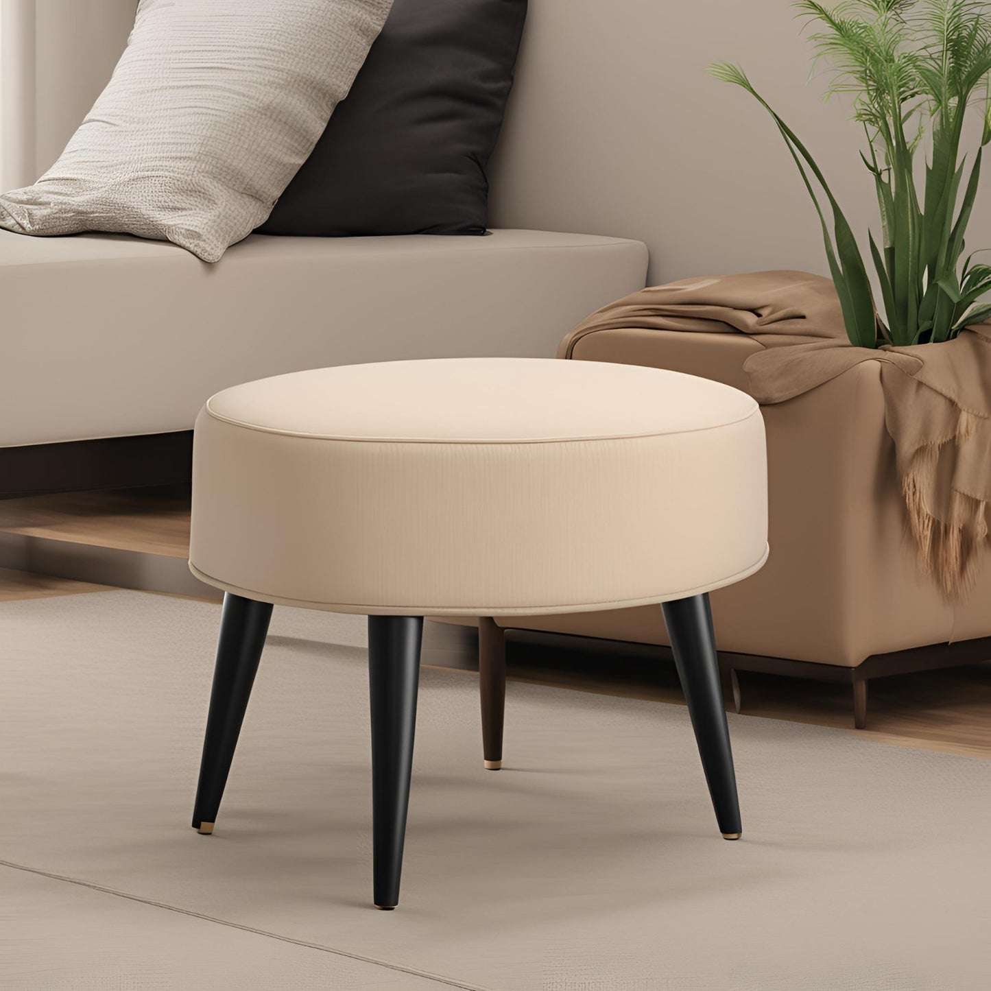PineCrafts Circle Puffy Ottoman (Beige+Black)