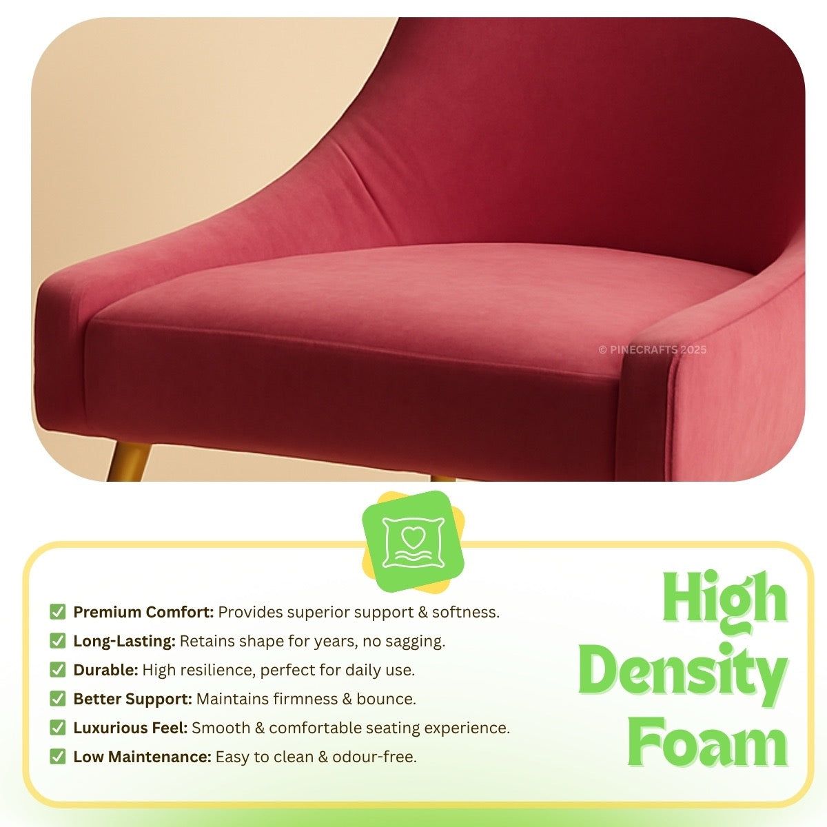 Red chair with high-density foam features and benefits listed below.