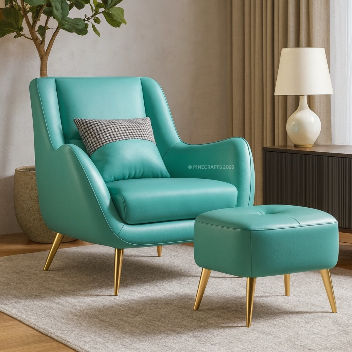 Turquoise armchair with matching ottoman in a living room setting