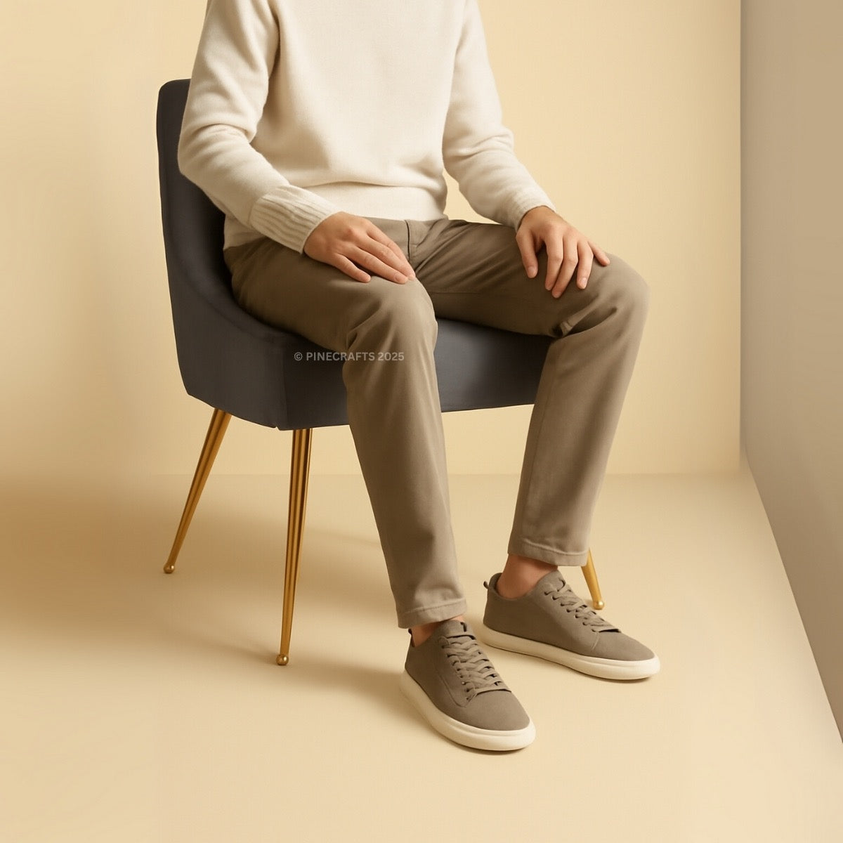Person sitting on a chair wearing beige pants and gray sneakers against a beige background